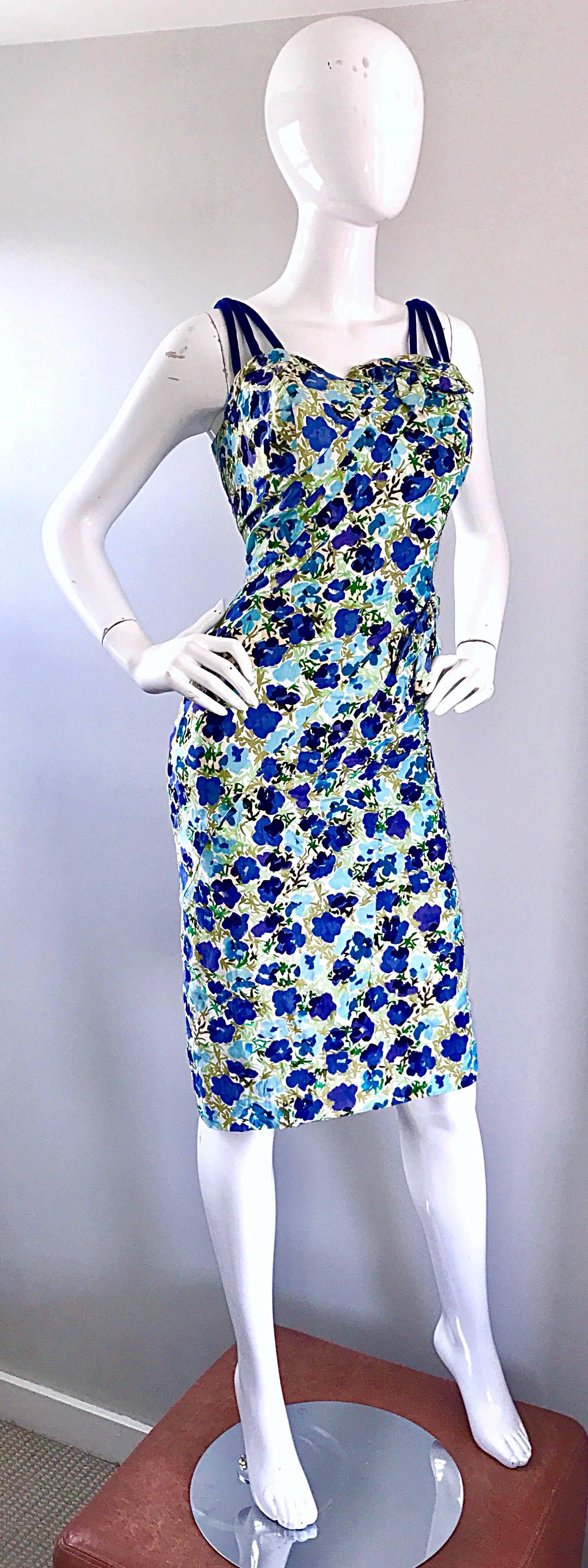 Women's 1950s Alix of Miami Size 14 Plus Size Blue + Green Flower Vintage 50s Dress For Sale