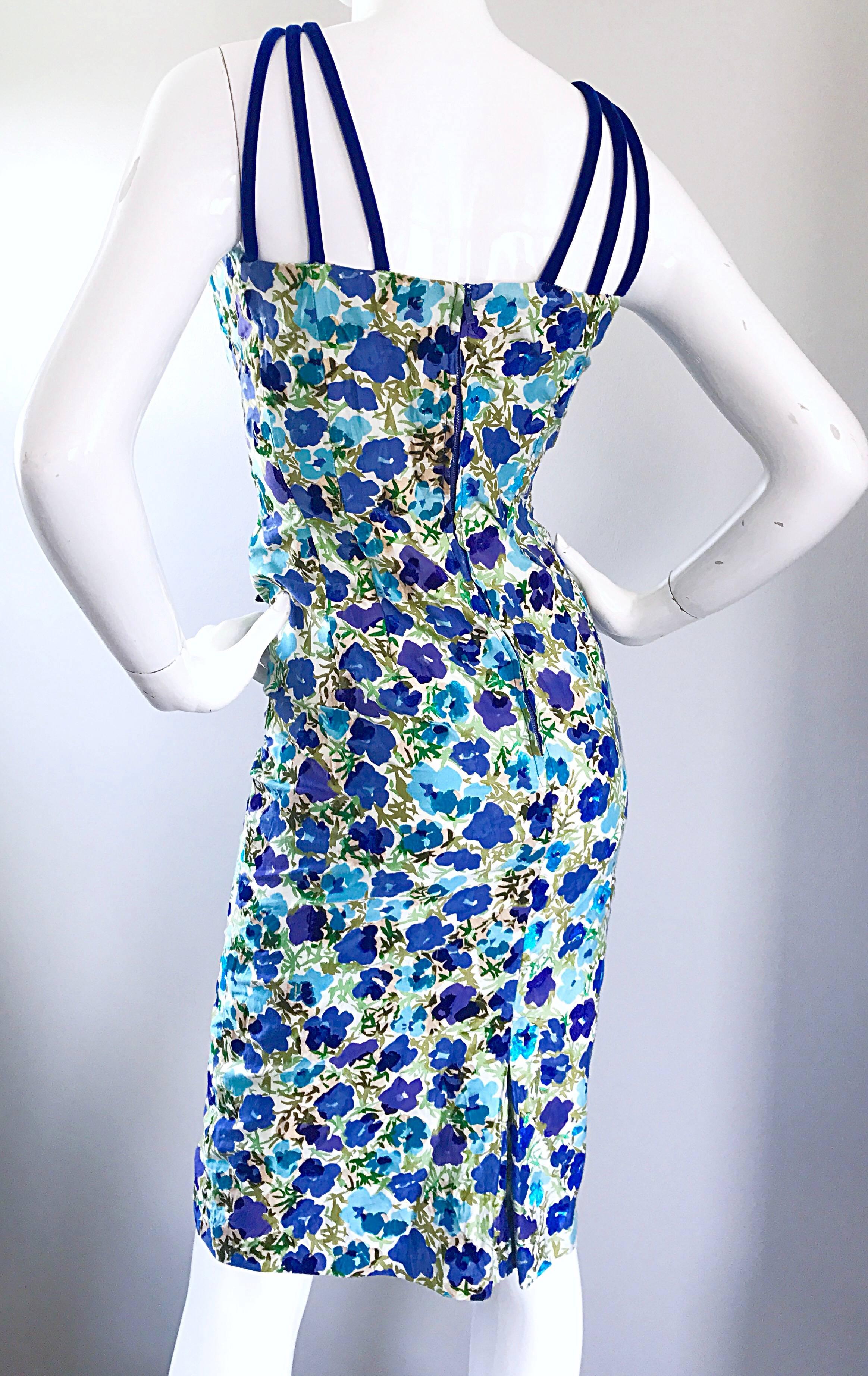 1950s Alix of Miami Size 14 Plus Size Blue + Green Flower Vintage 50s Dress For Sale 1