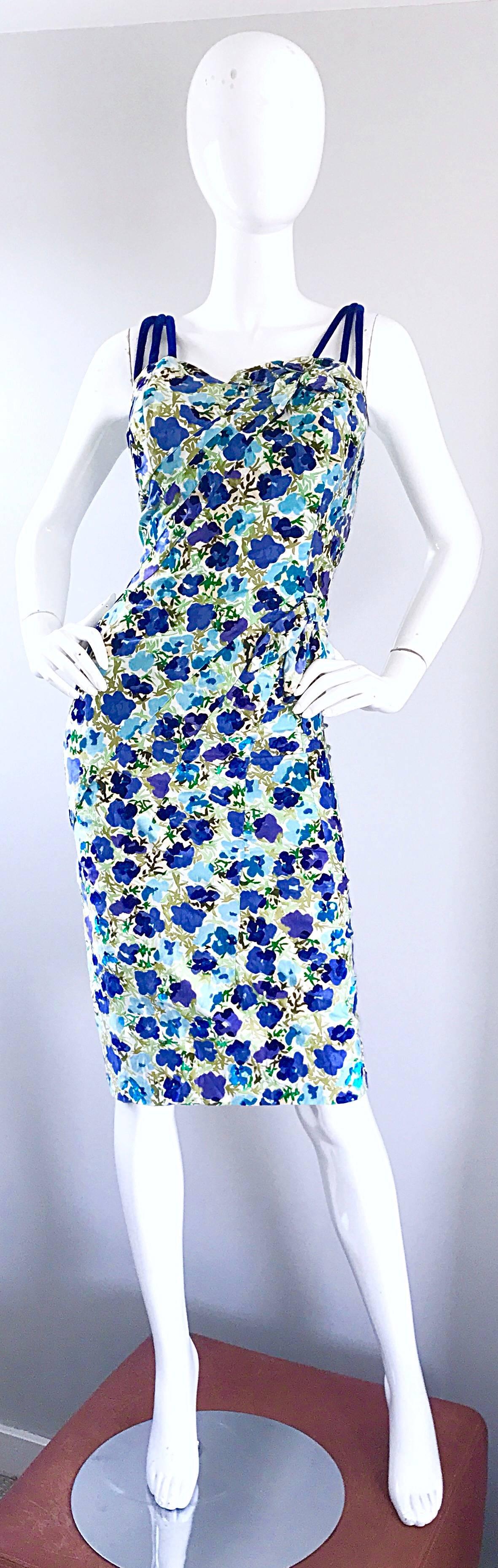 1950s Alix of Miami Size 14 Plus Size Blue + Green Flower Vintage 50s Dress For Sale 2