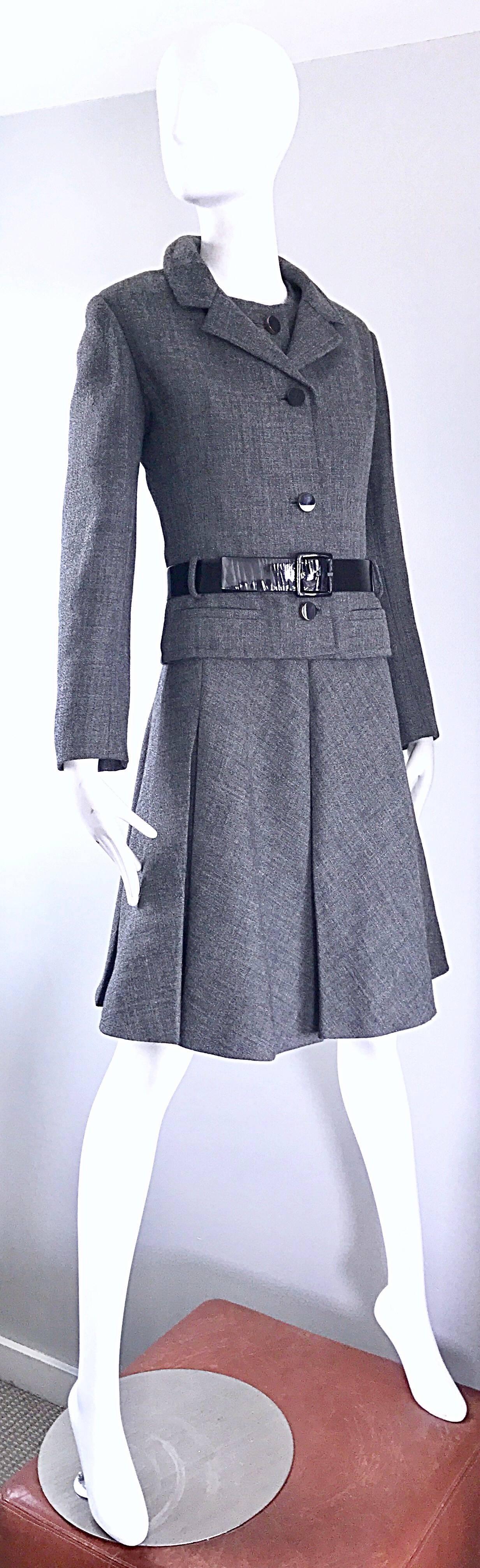 Gray 1960s Nina Ricci Haute Couture Vintage Grey Wool Dress and Jacket Ensemble  