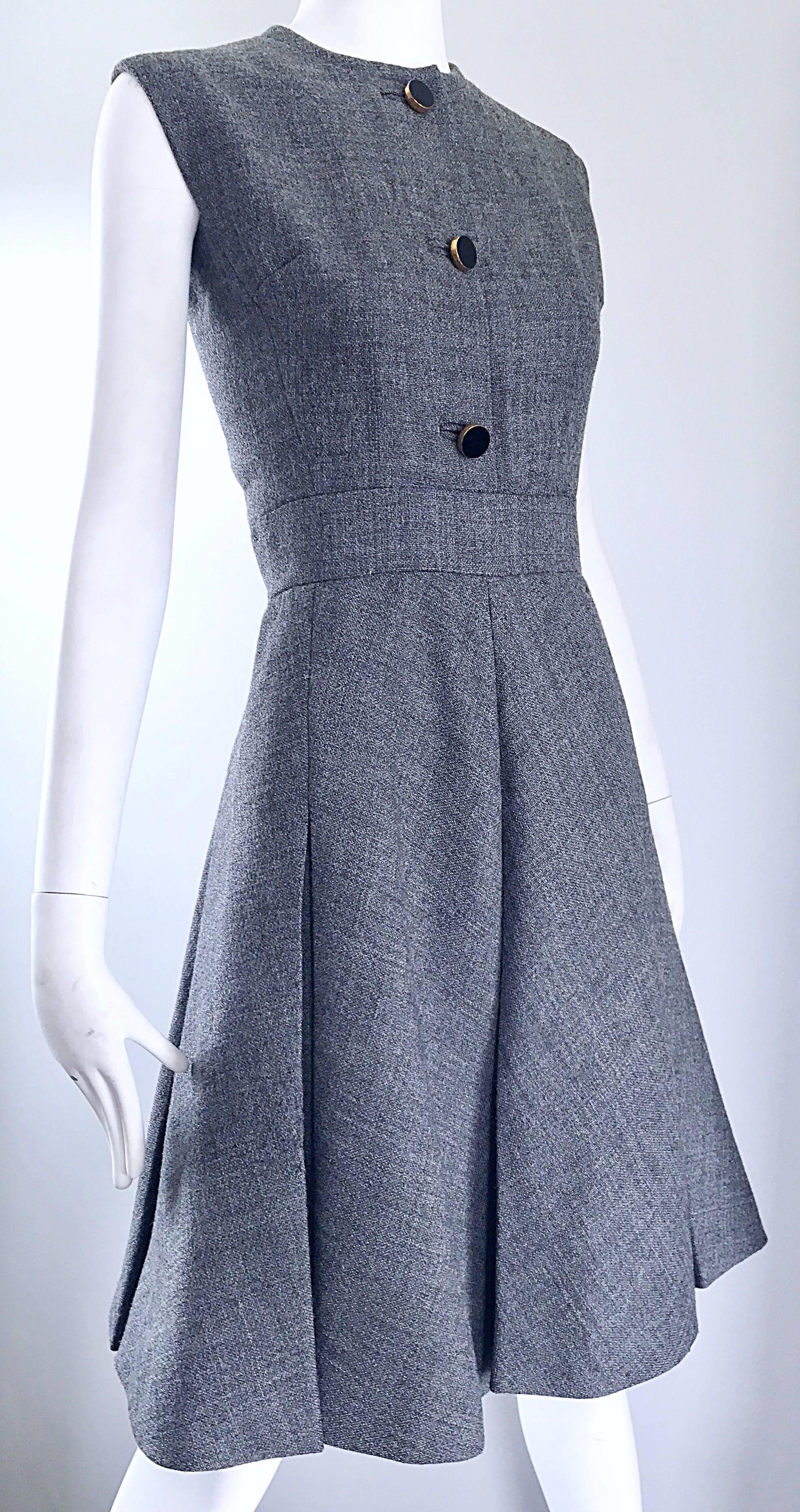 Women's 1960s Nina Ricci Haute Couture Vintage Grey Wool Dress and Jacket Ensemble  