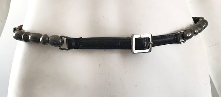 Women's or Men's John Galliano for Christian Dior Black + Gunmetal Late 1990s Skinny Vintage Belt For Sale