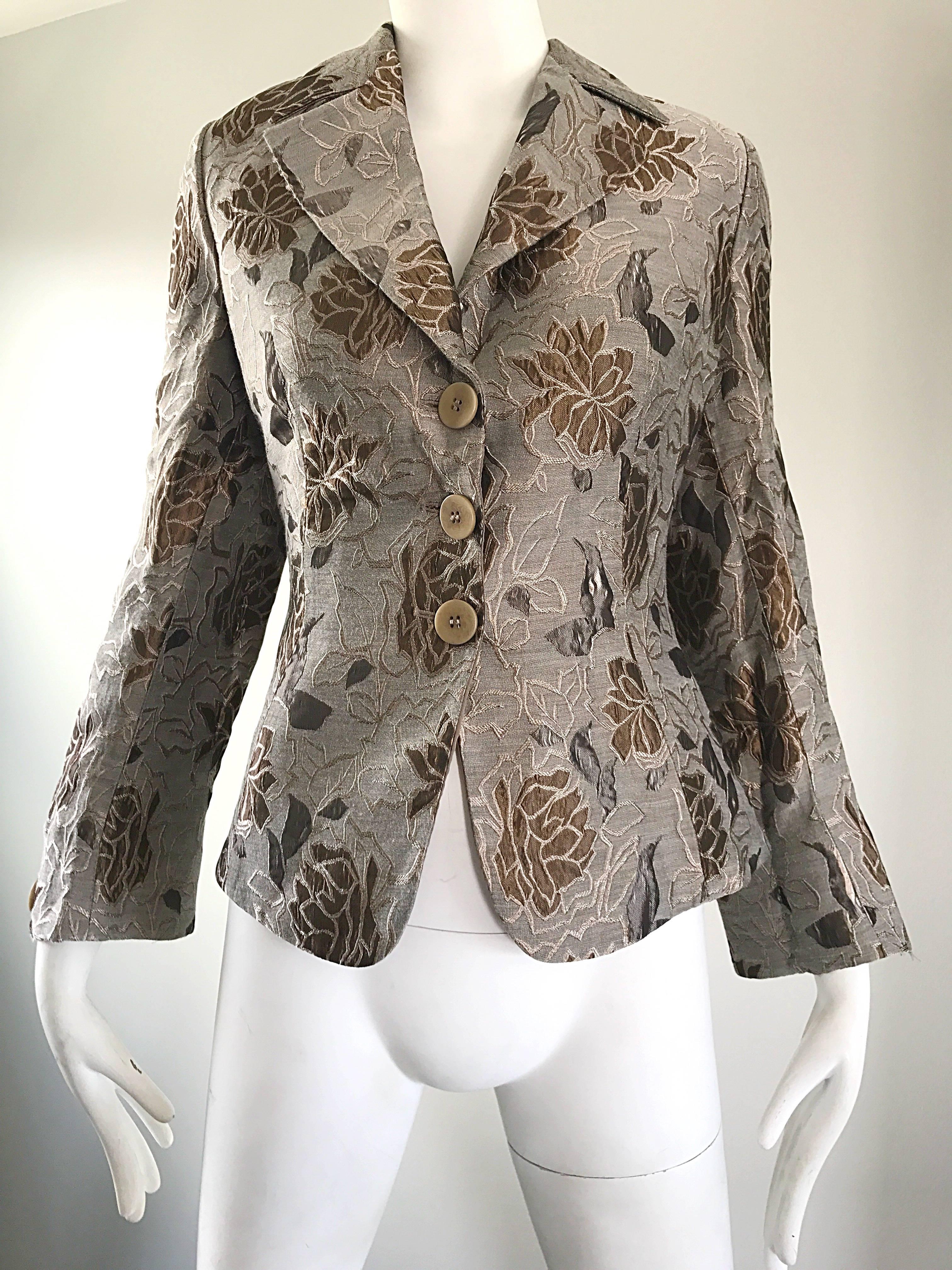 Gray Beautiful Vintage Giorgio Armani Collezioni Size 12 Grey + Taupe Silk 90s Jacket
