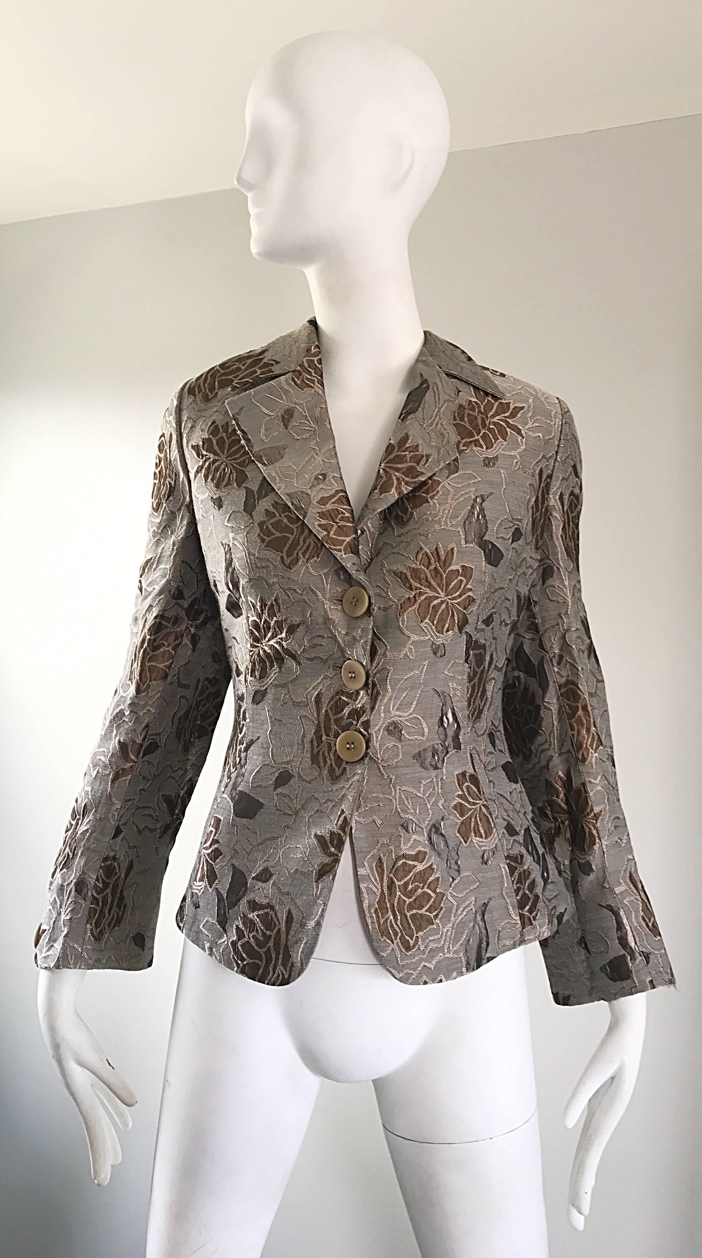Beautiful Vintage Giorgio Armani Collezioni Size 12 Grey + Taupe Silk 90s Jacket 1