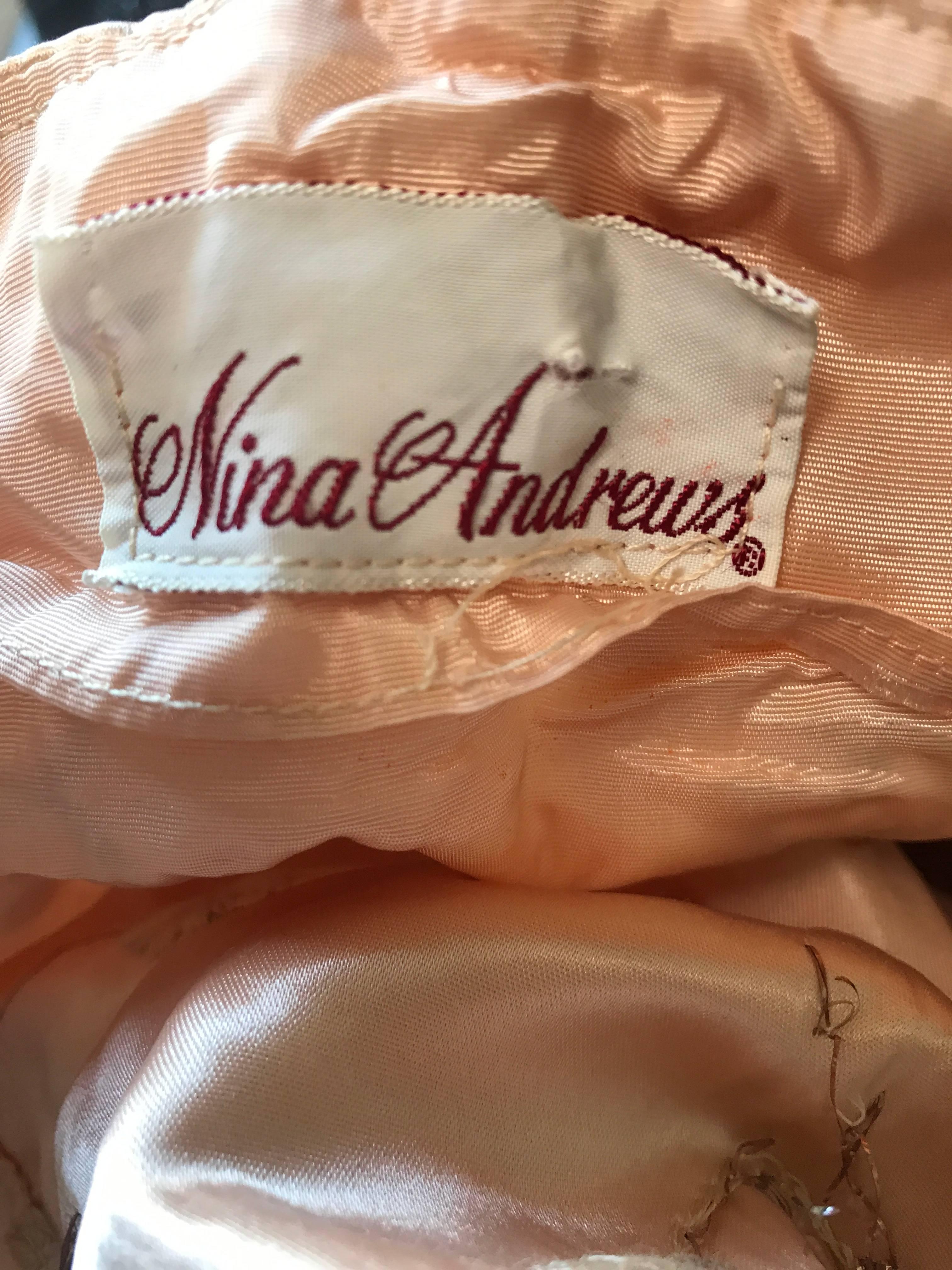 Gorgeous Nina Andrews 1950s Light Pink + Rose Gold Embroidered Silk Satin Dress For Sale 2