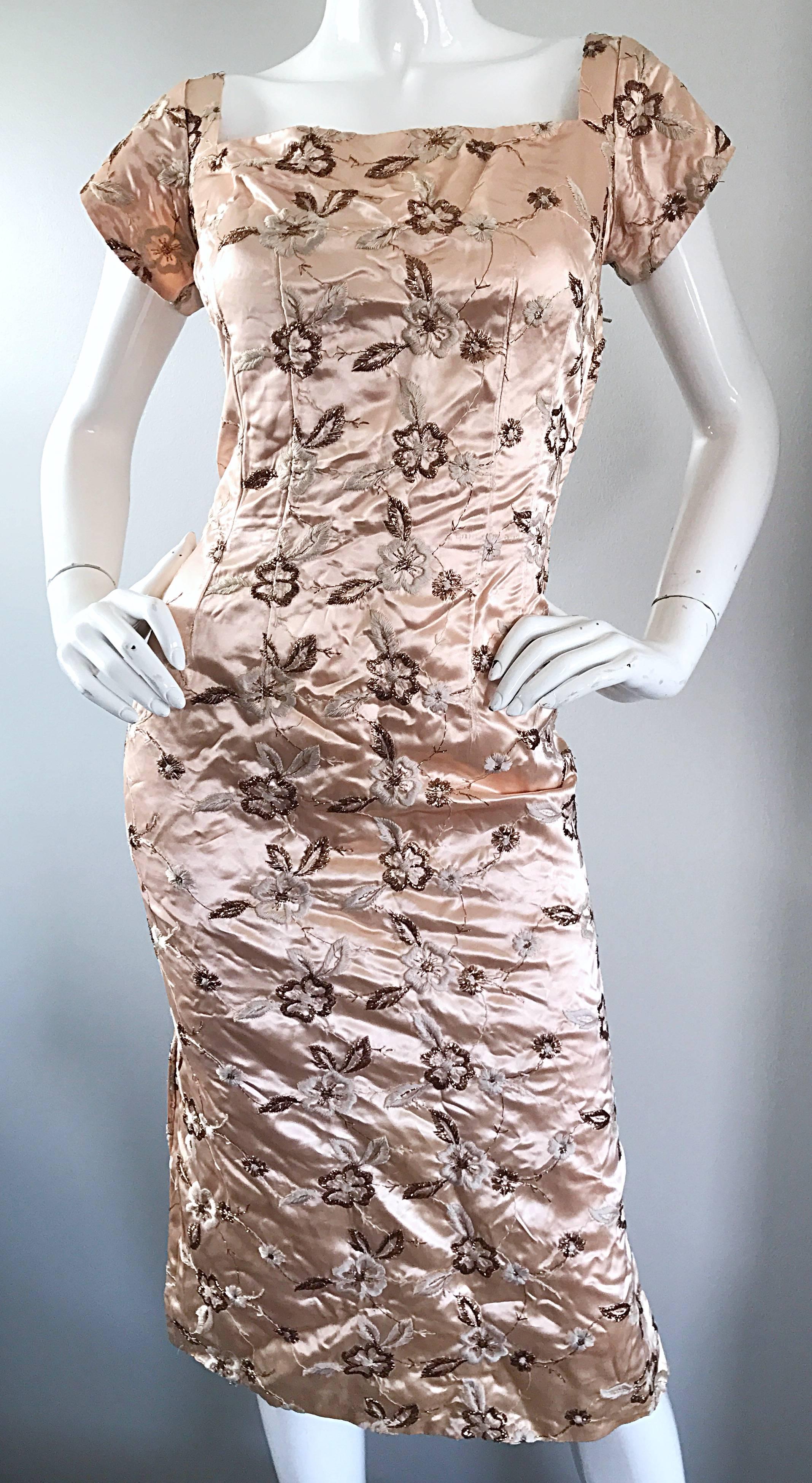 Brown Gorgeous Nina Andrews 1950s Light Pink + Rose Gold Embroidered Silk Satin Dress For Sale
