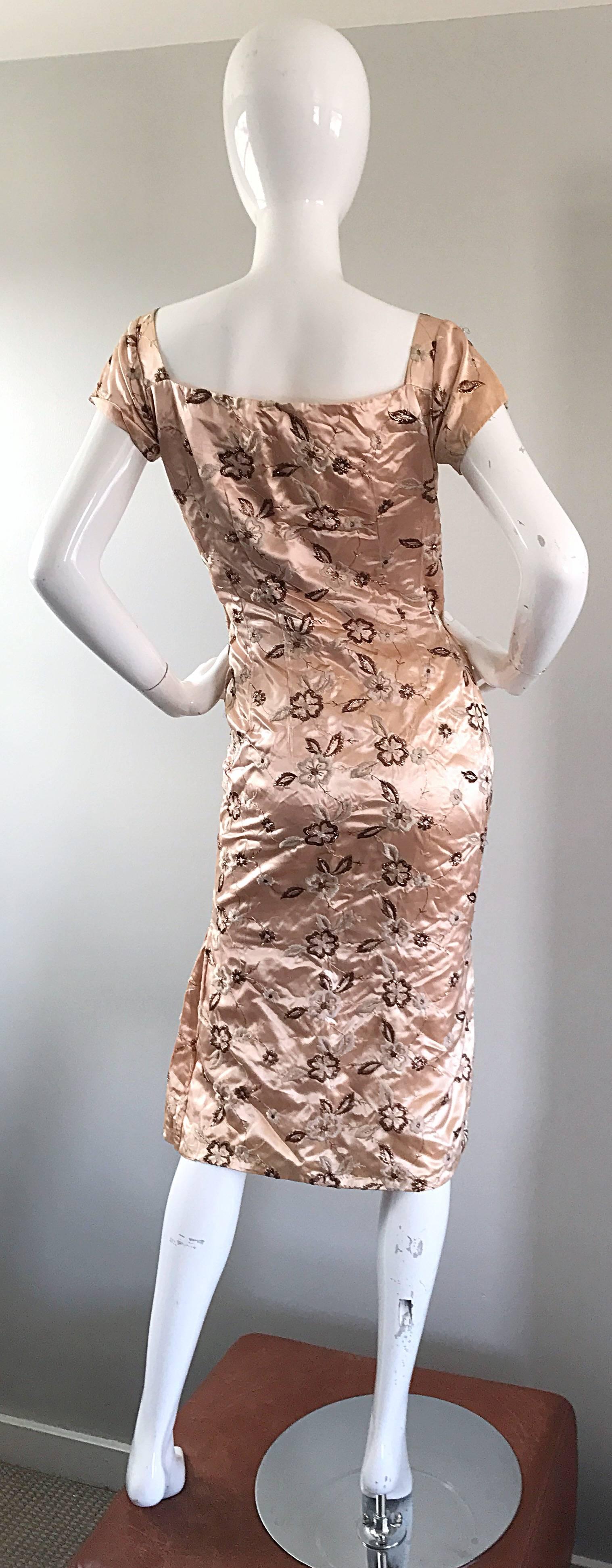 Women's Gorgeous Nina Andrews 1950s Light Pink + Rose Gold Embroidered Silk Satin Dress For Sale