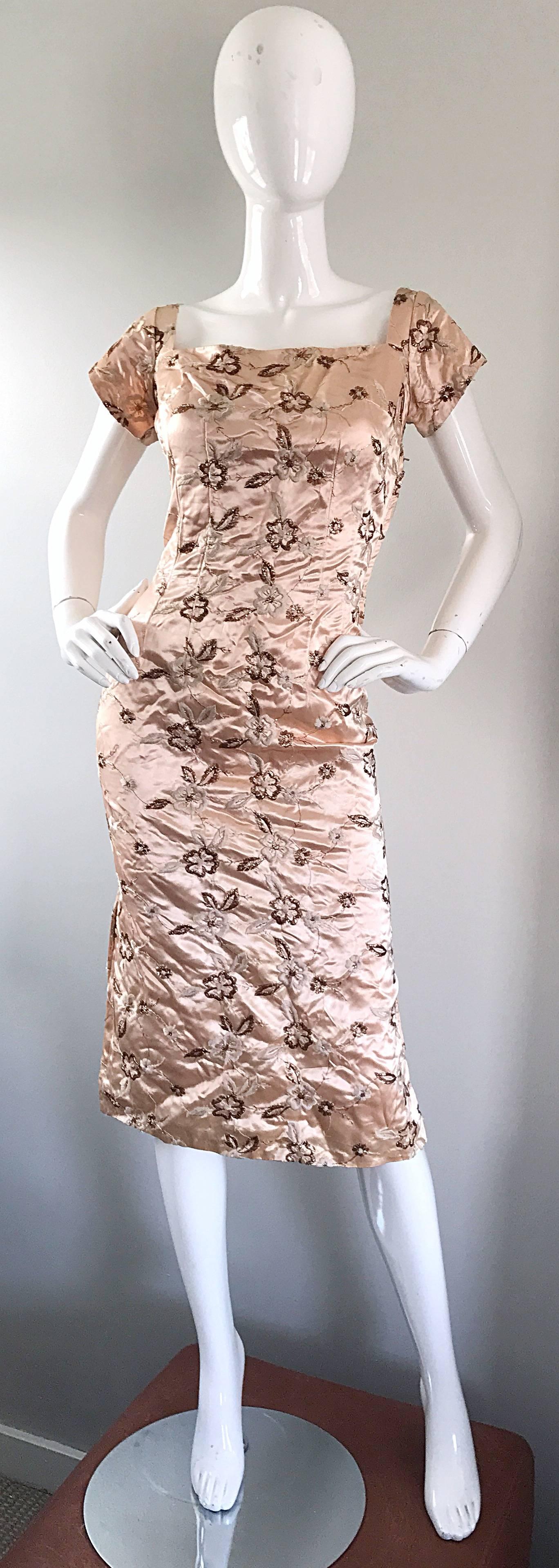 Gorgeous Nina Andrews 1950s Light Pink + Rose Gold Embroidered Silk Satin Dress For Sale 1