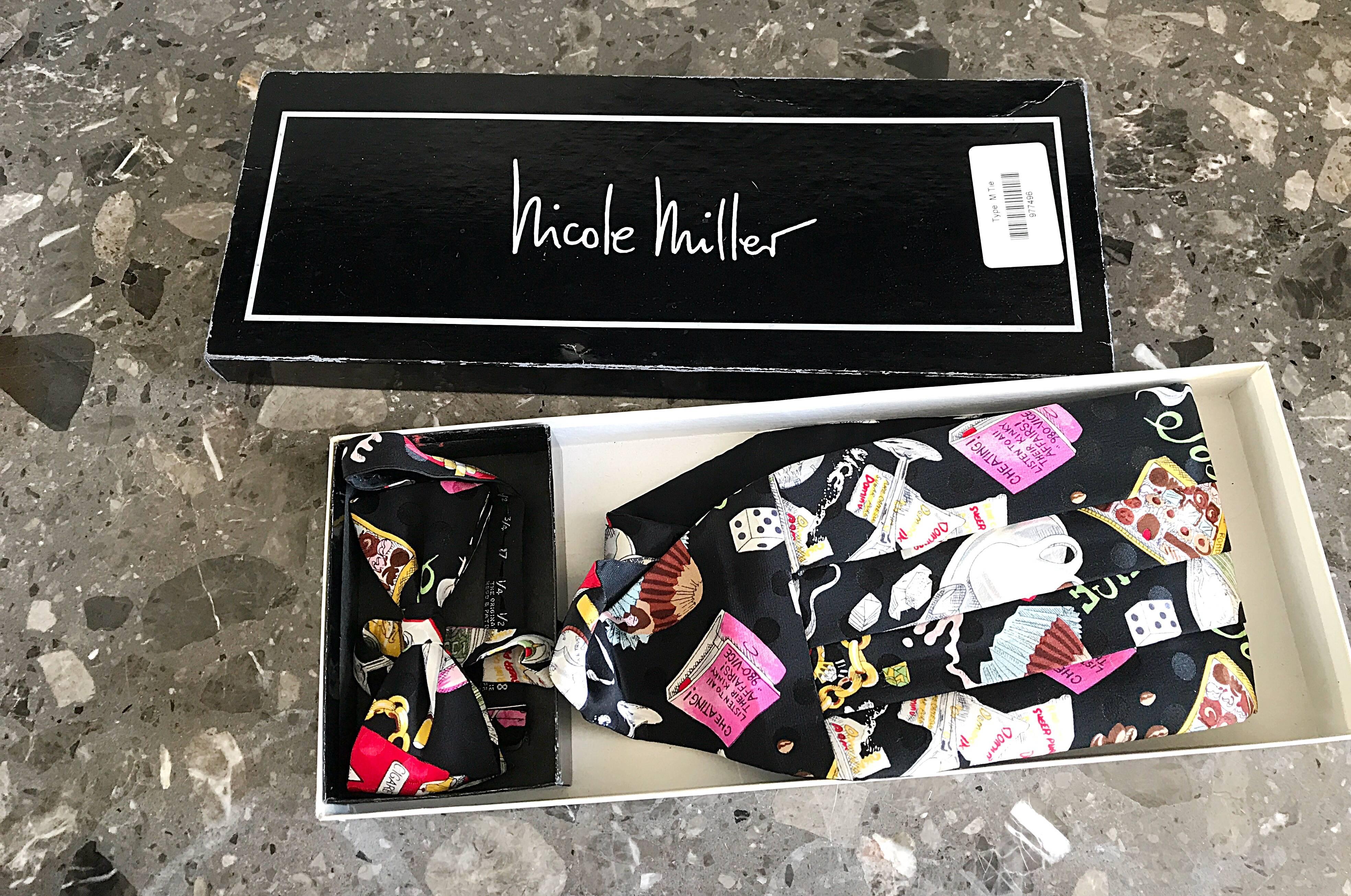 Rare New in Box early 90s NICOLE MILLER men's novelty cummerbund and bow tie set! Awesome print features a book titled, 