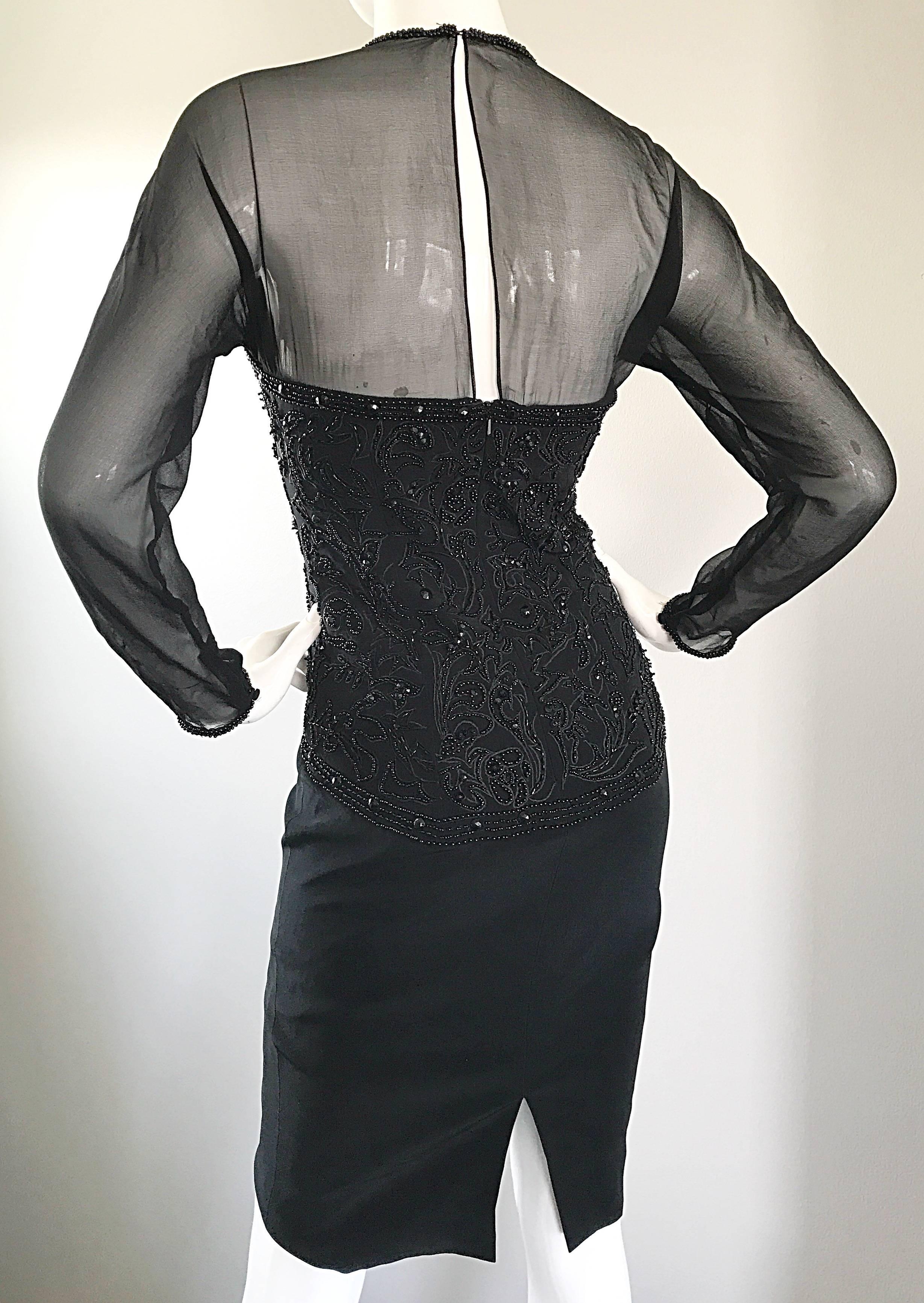 1990s Sexy Black Beaded Sequin Nude Illusion Size 6 Vintage 90s Bodycon Dress In Excellent Condition For Sale In San Diego, CA