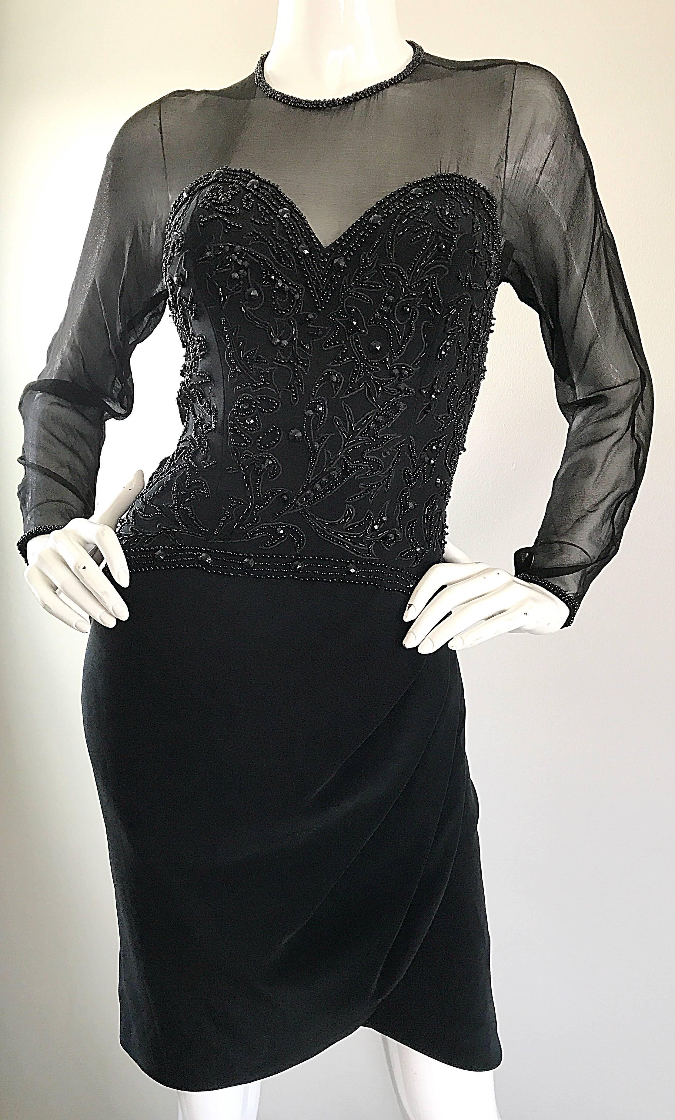 Women's 1990s Sexy Black Beaded Sequin Nude Illusion Size 6 Vintage 90s Bodycon Dress For Sale