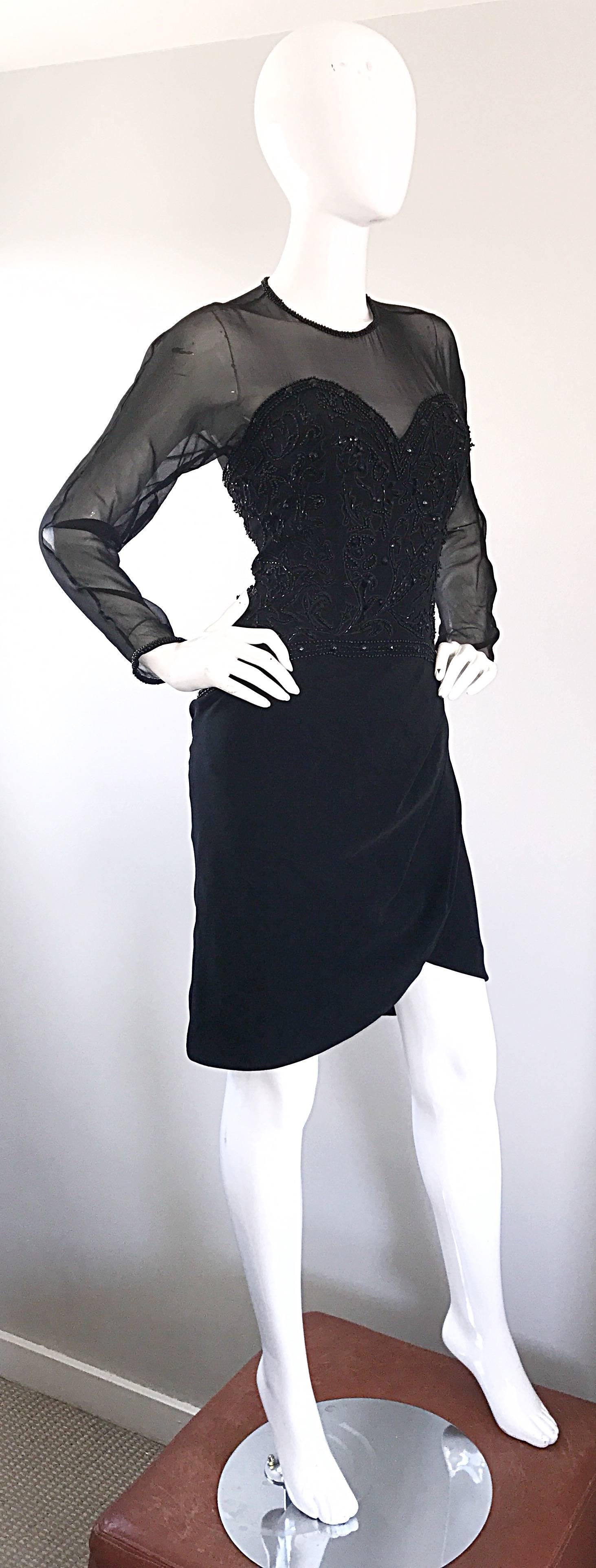 1990s Sexy Black Beaded Sequin Nude Illusion Size 6 Vintage 90s Bodycon Dress For Sale 1