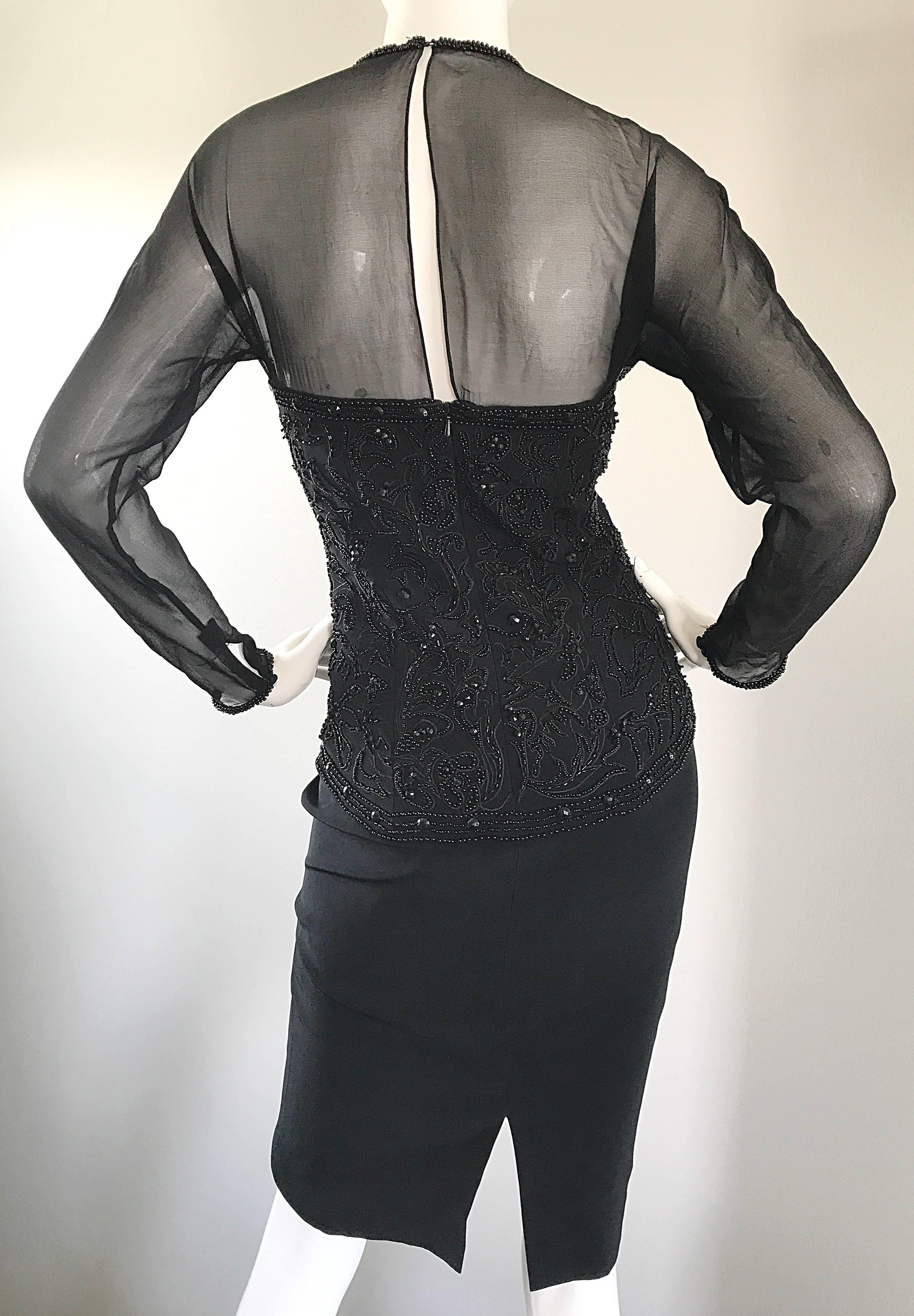 1990s Sexy Black Beaded Sequin Nude Illusion Size 6 Vintage 90s Bodycon Dress For Sale 2