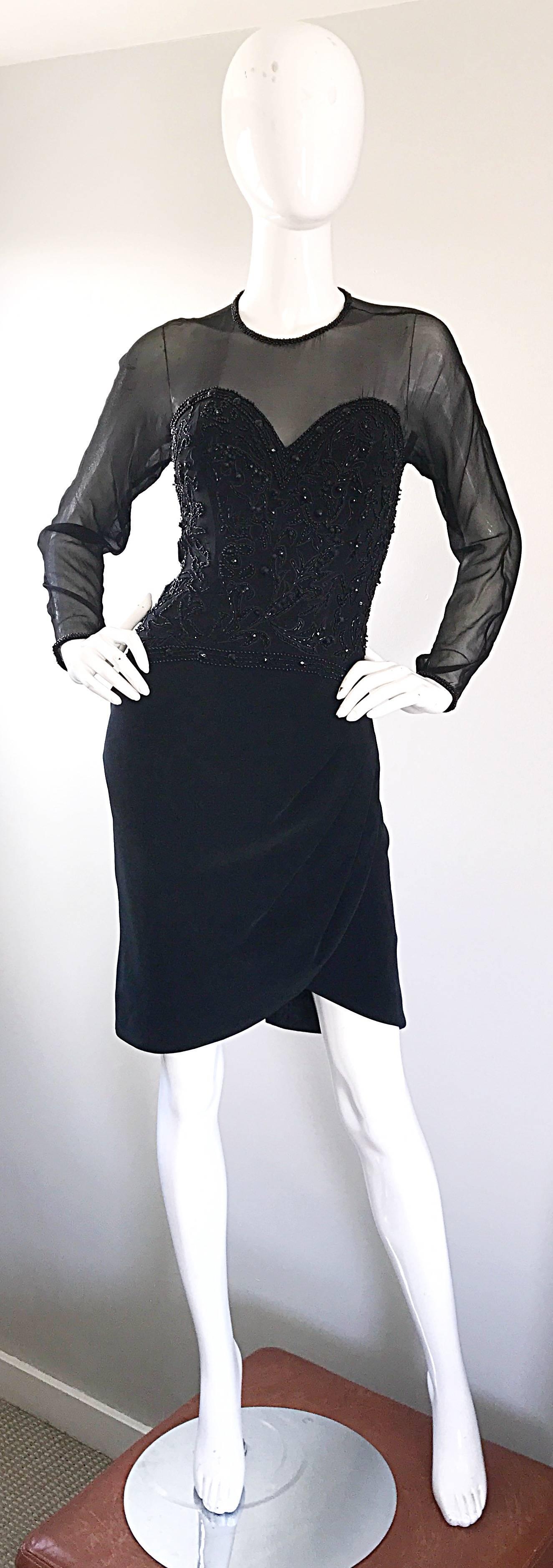 1990s Sexy Black Beaded Sequin Nude Illusion Size 6 Vintage 90s Bodycon Dress For Sale 3