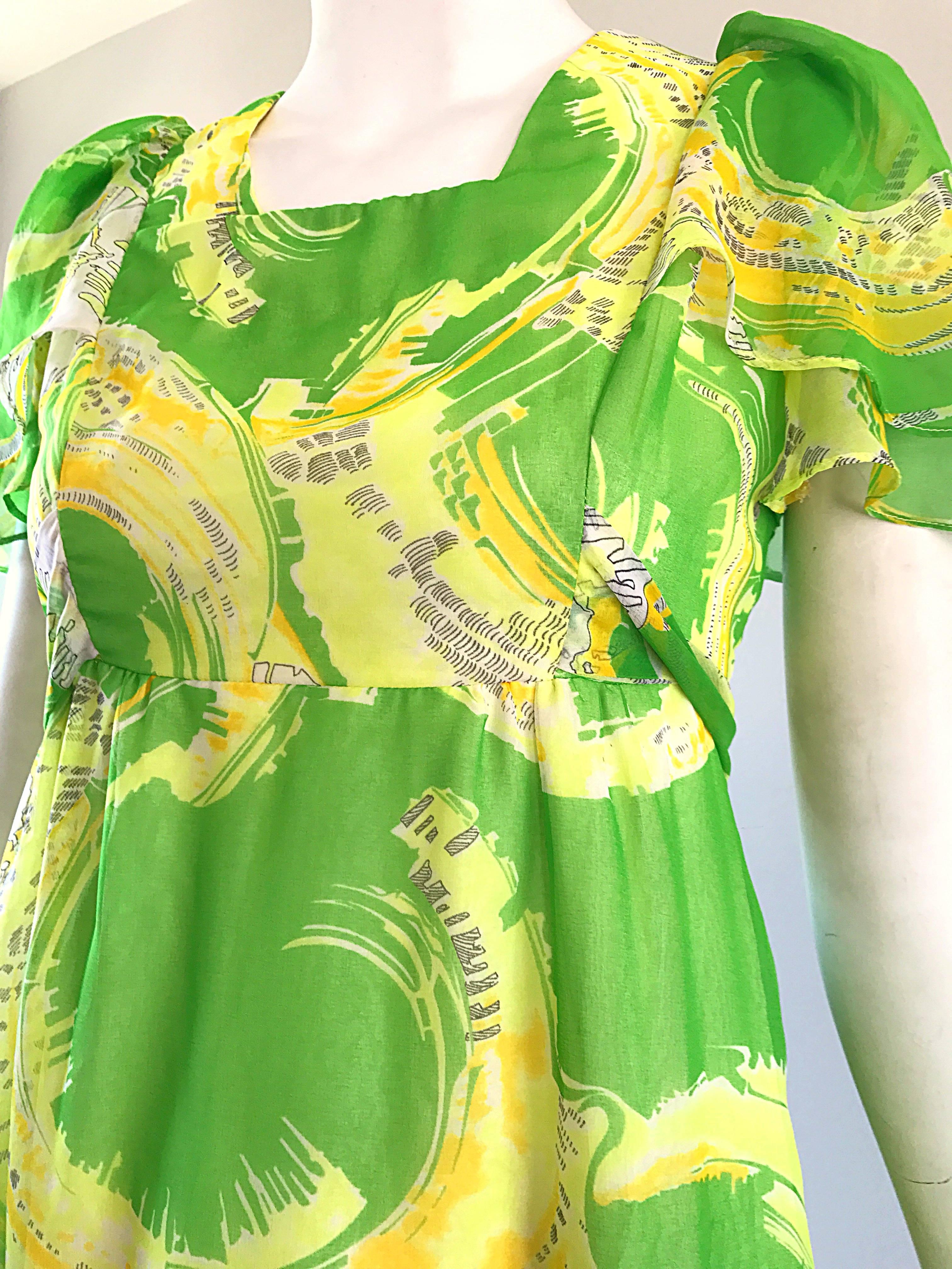 Vert 1970 Neon Lime Green + Yellow Paint Splatter Vintage 70s Chiffon Maxi Dress en vente