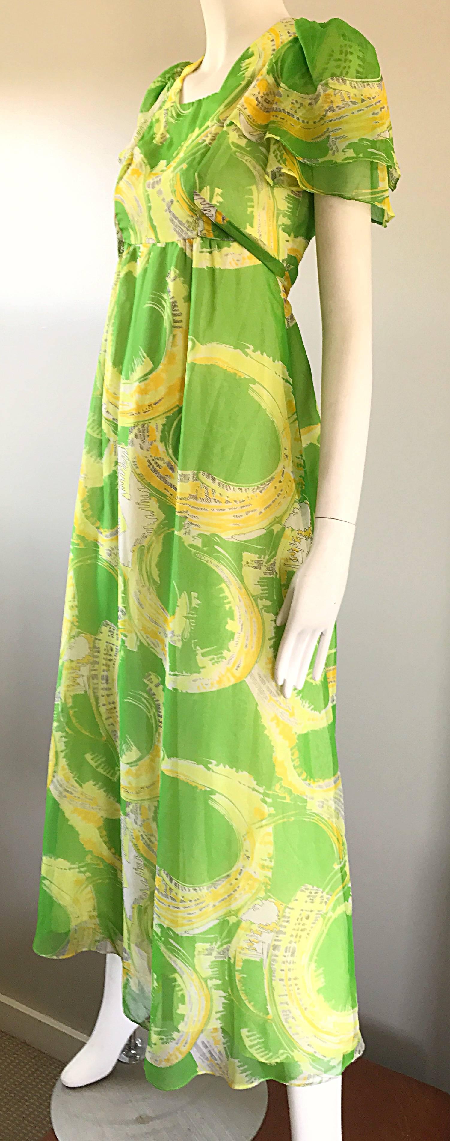 1970 Neon Lime Green + Yellow Paint Splatter Vintage 70s Chiffon Maxi Dress Excellent état - En vente à San Diego, CA