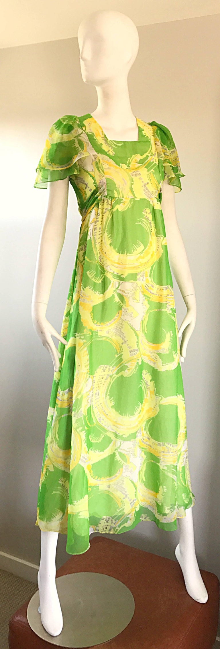 1970s Neon Lime Green + Yellow Paint Splatter Vintage 70s Chiffon Maxi