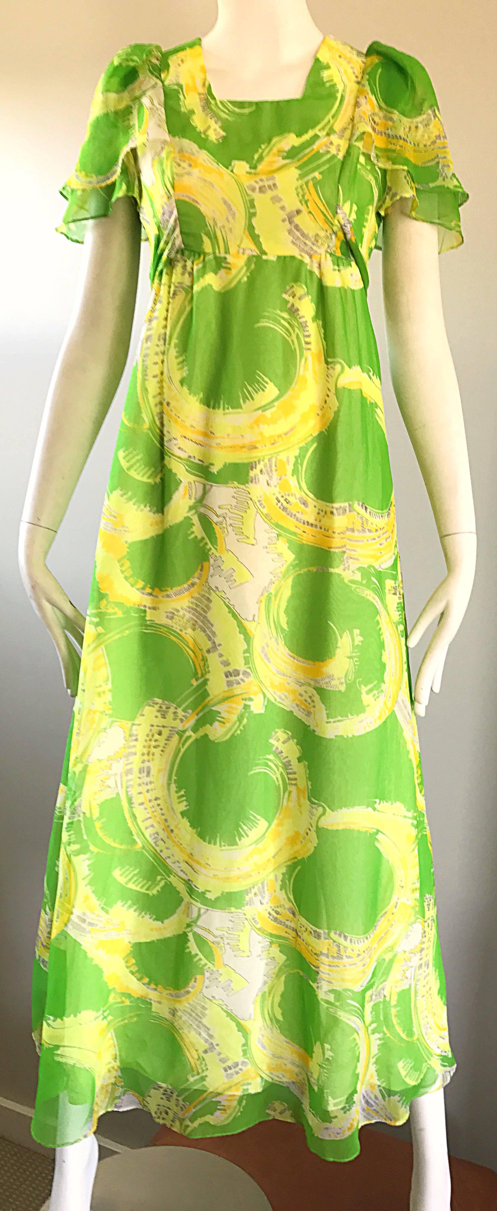 1970 Neon Lime Green + Yellow Paint Splatter Vintage 70s Chiffon Maxi Dress en vente 2