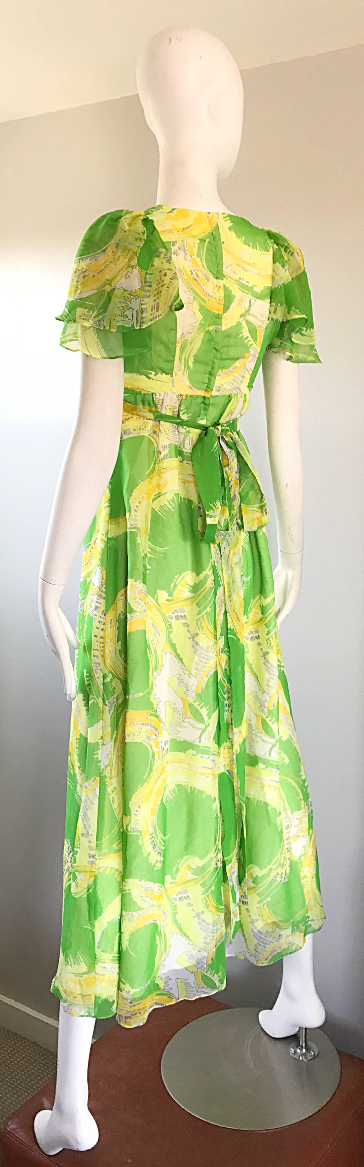 1970 Neon Lime Green + Yellow Paint Splatter Vintage 70s Chiffon Maxi Dress en vente 3