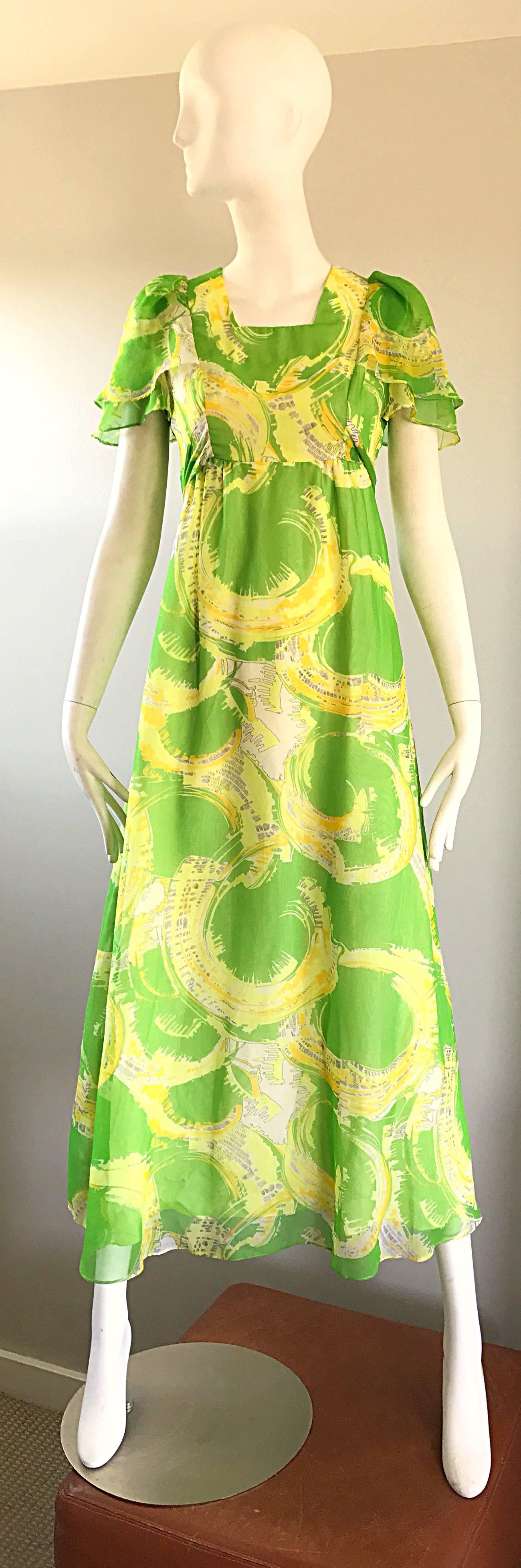 1970 Neon Lime Green + Yellow Paint Splatter Vintage 70s Chiffon Maxi Dress en vente 4
