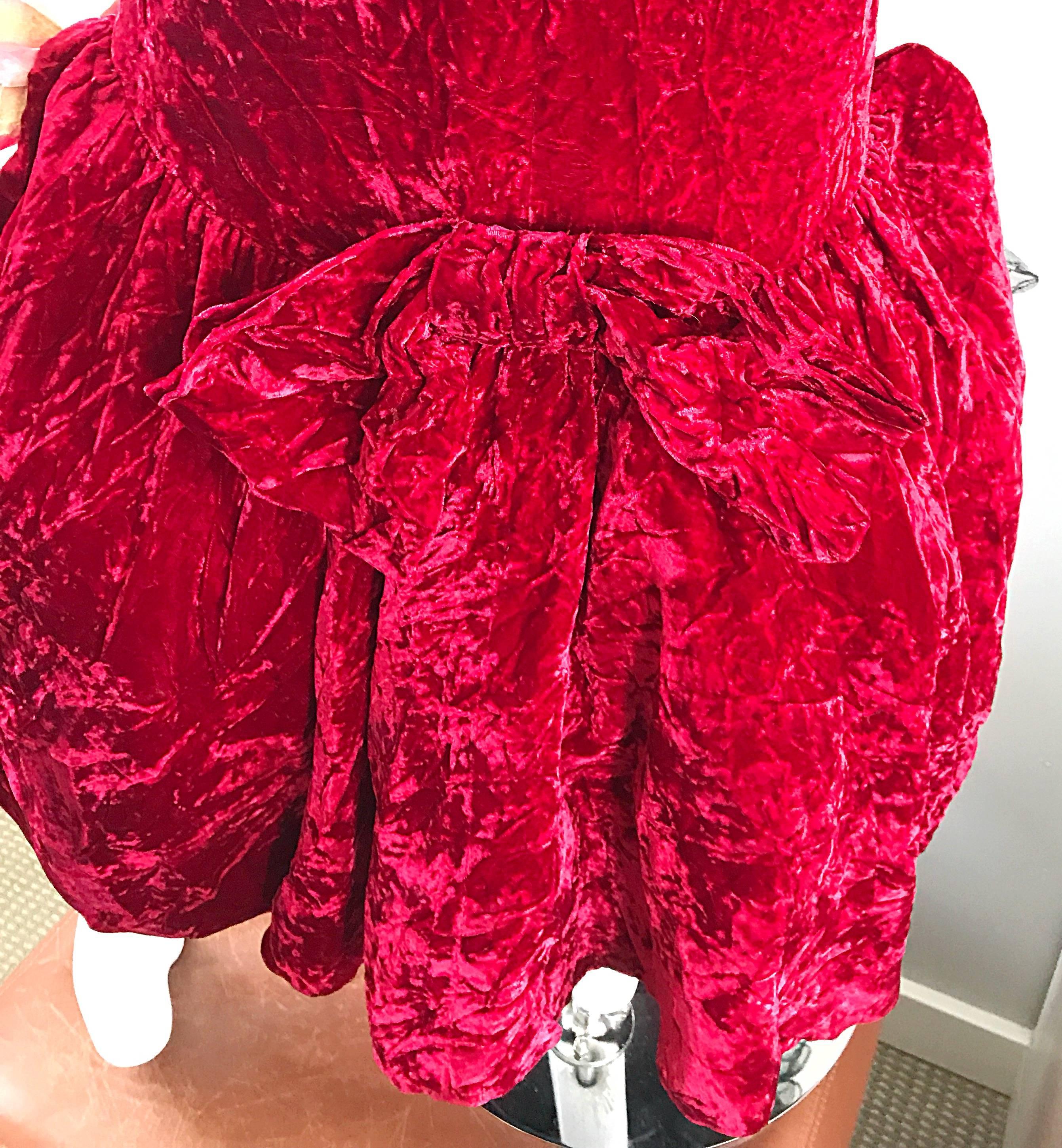 Sensational 1950s Demi Couture Crimson Red Crushed Velvet Vintage Mermaid Gown For Sale 1