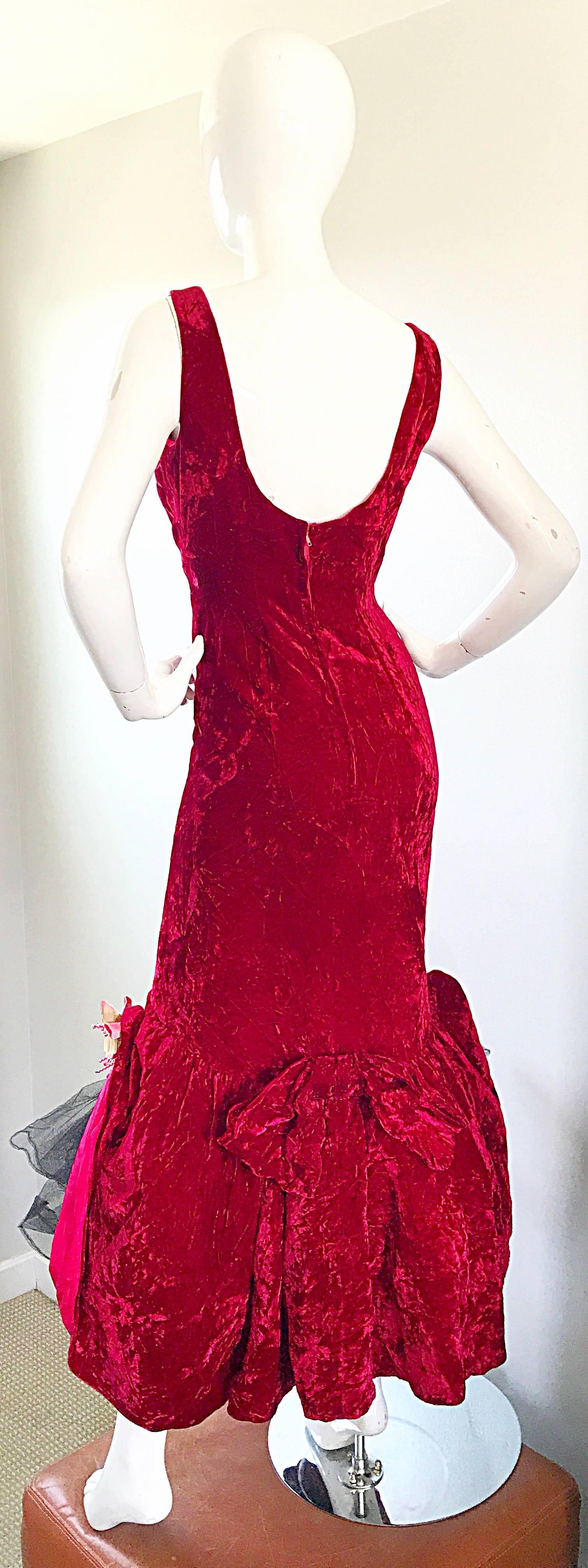 Sensational 1950s Demi Couture Crimson Red Crushed Velvet Vintage Mermaid Gown For Sale 2