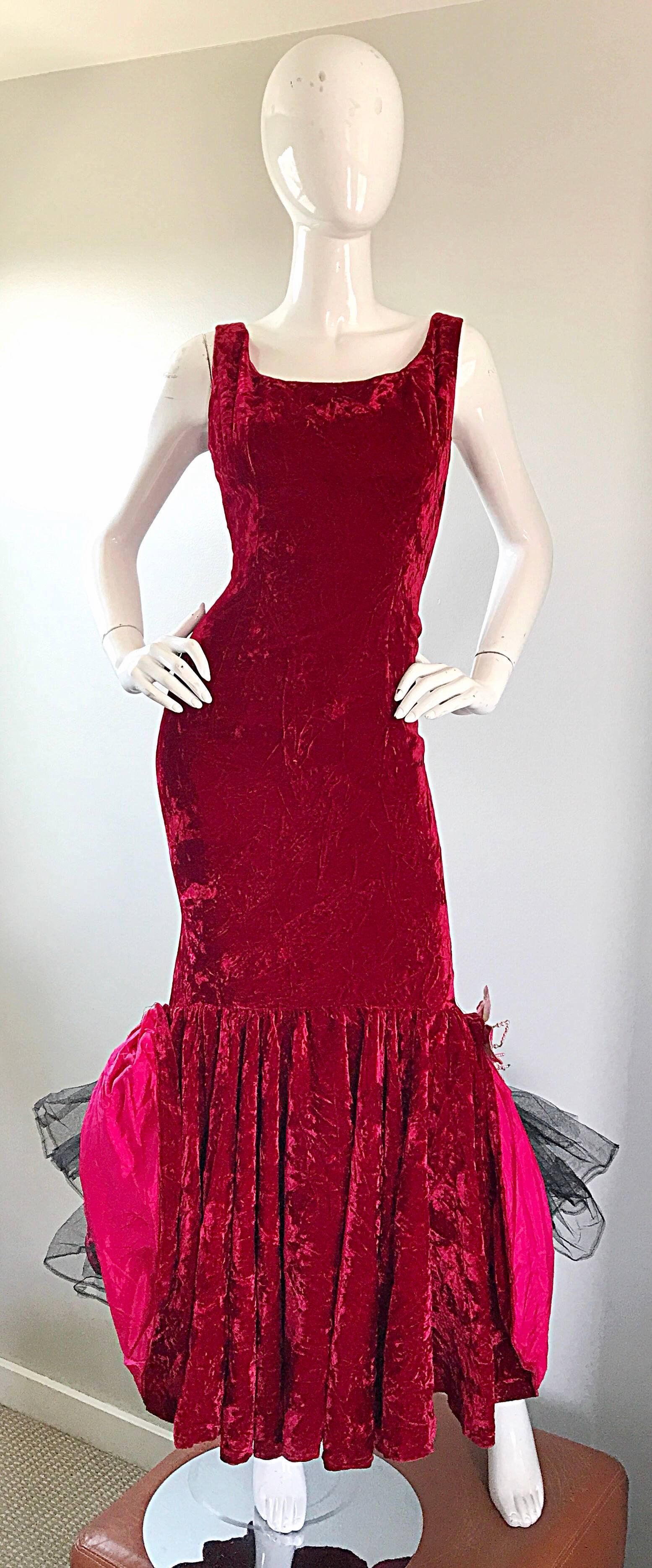 Sensational 1950s Demi Couture Crimson Red Crushed Velvet Vintage Mermaid Gown For Sale 3