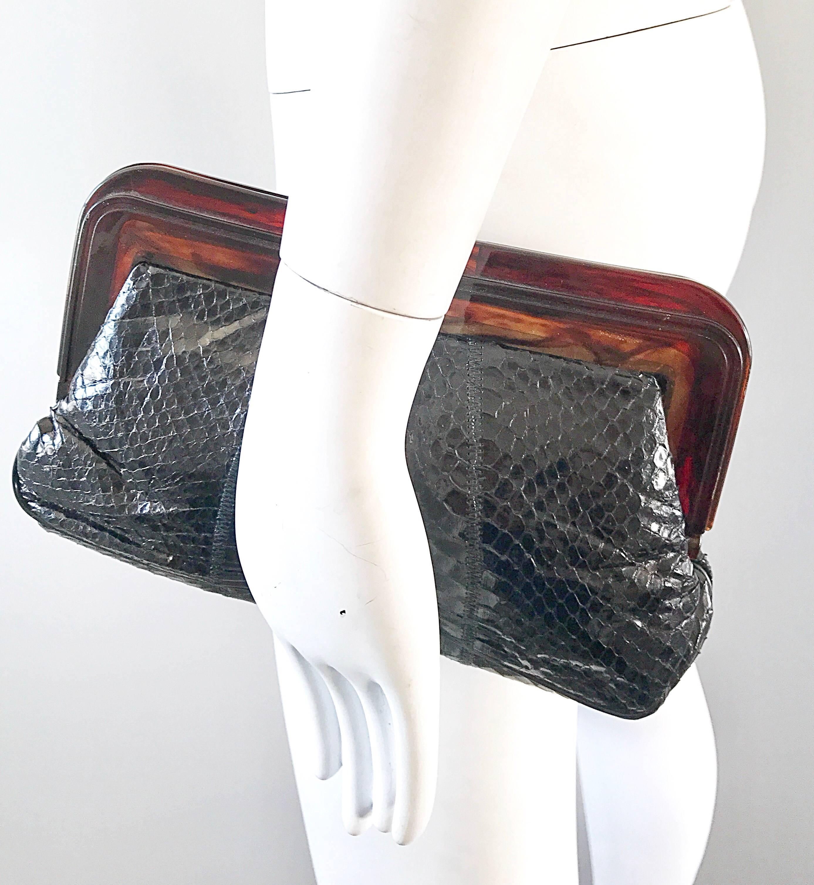 1970er Margolm Schwarze Schlangenhaut + Schildpatt Braun Vintage 70er Jahre Clutch Handtasche Damen