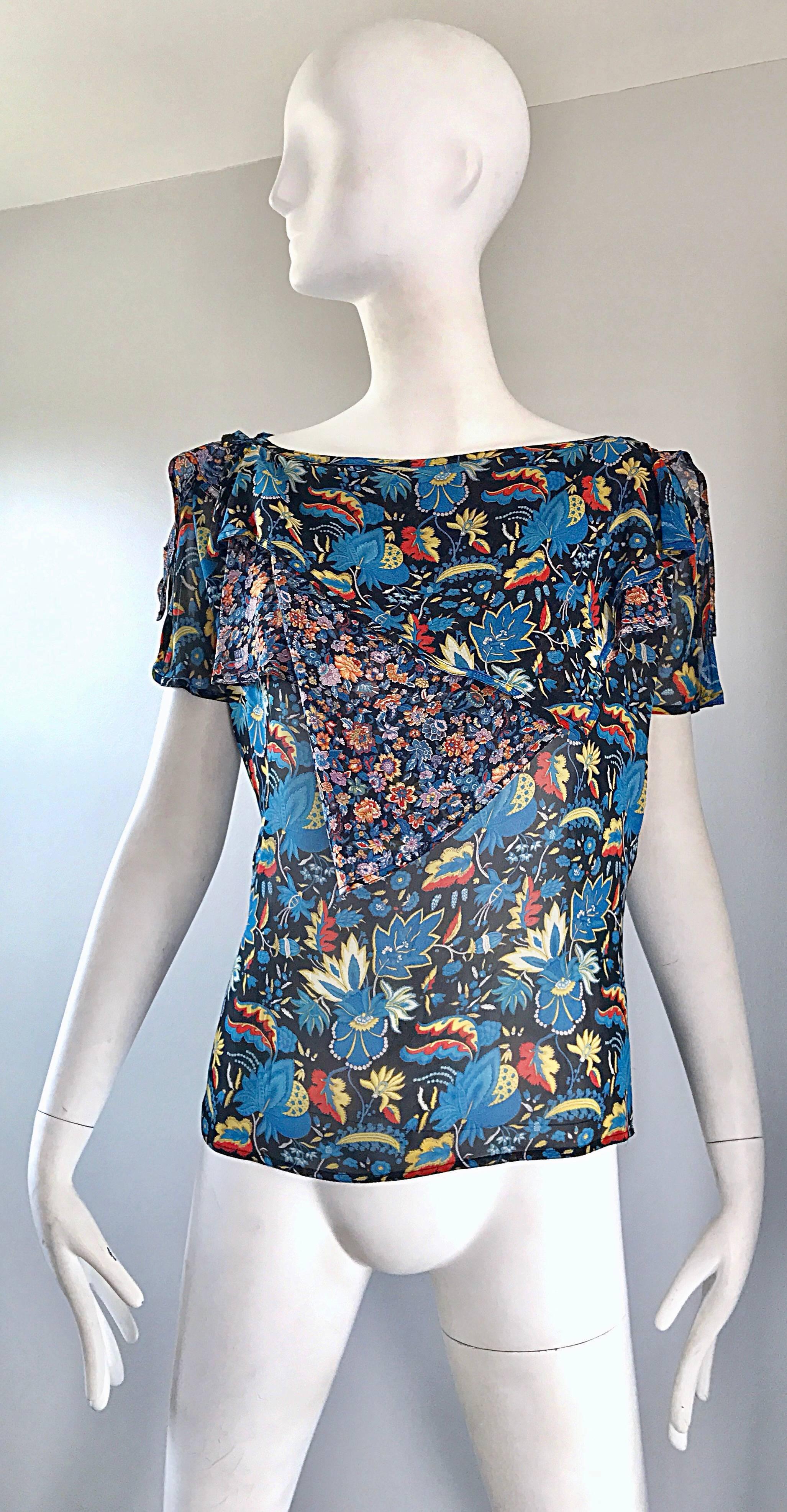 Rare late 1970s GIANNI VERSACE cold-shoulder silk boho hippie blouse! This historic shirt comes from one of Versace's first collections in 1979. Draped layers on the front and back. Simply slips over the head. Vibrant colors of blue, red, yellow and