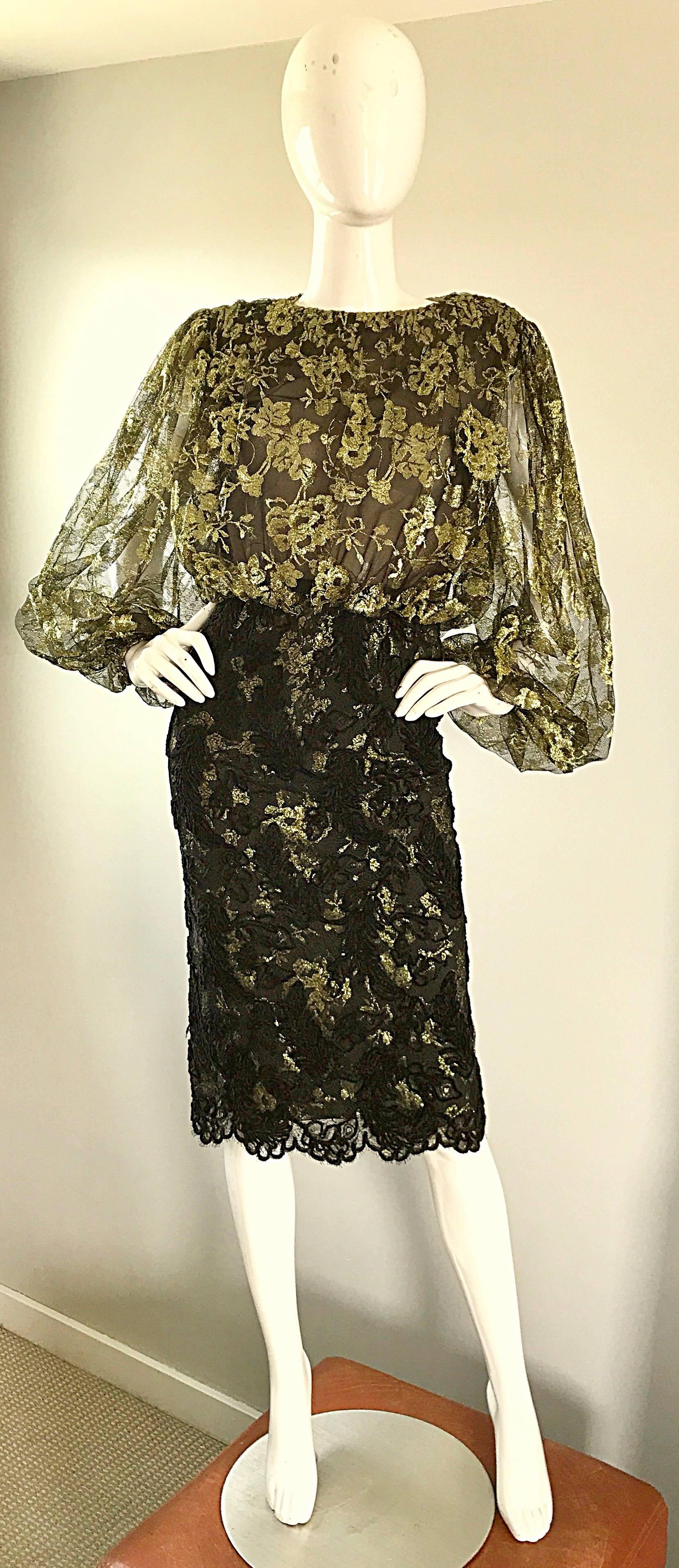 Gorgeous vintage BILL BLASS Couture gold and black chantilly French lace long balloon sleeve cocktail dress! Features a nude silk chiffon bodice, with a gold and black lace overlay. Fantastic oversized dolman sleeves. Black and gold chenille and