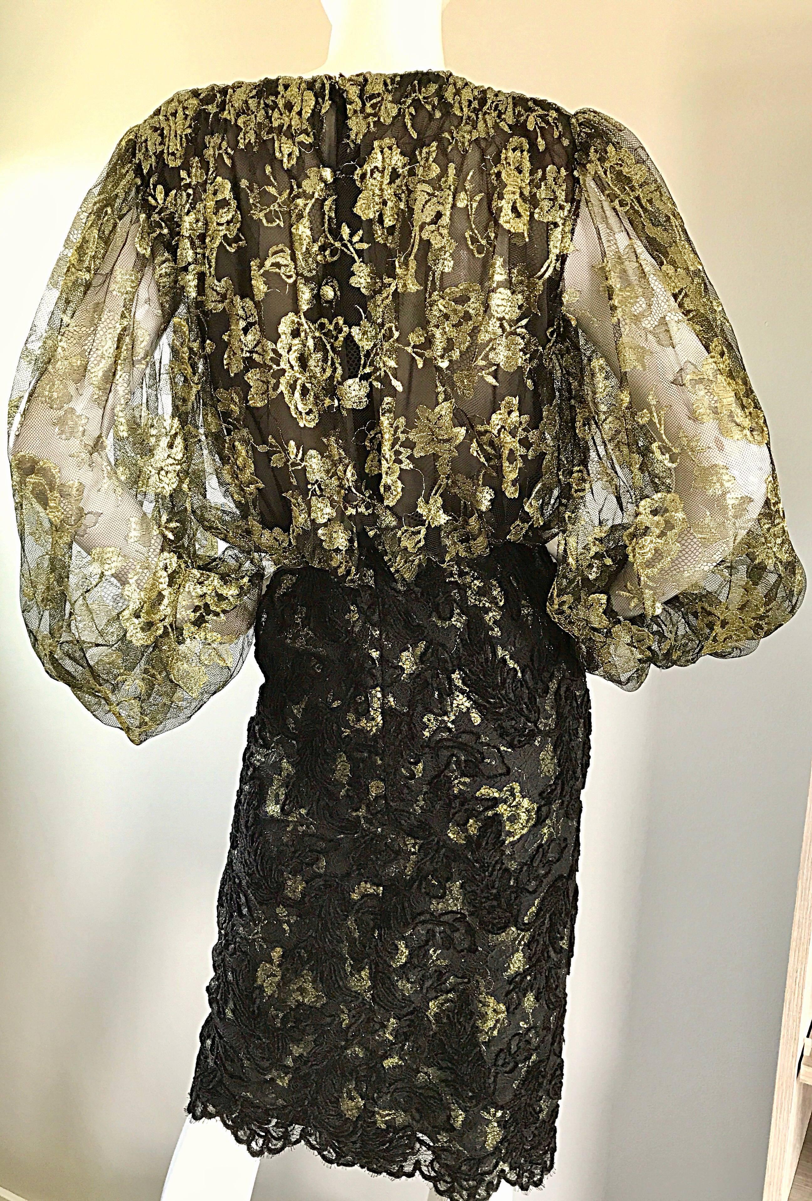 Bill Blass Vintage Gold and Black Size 6 Chantilly Lace Cocktail Dress For Sale 1