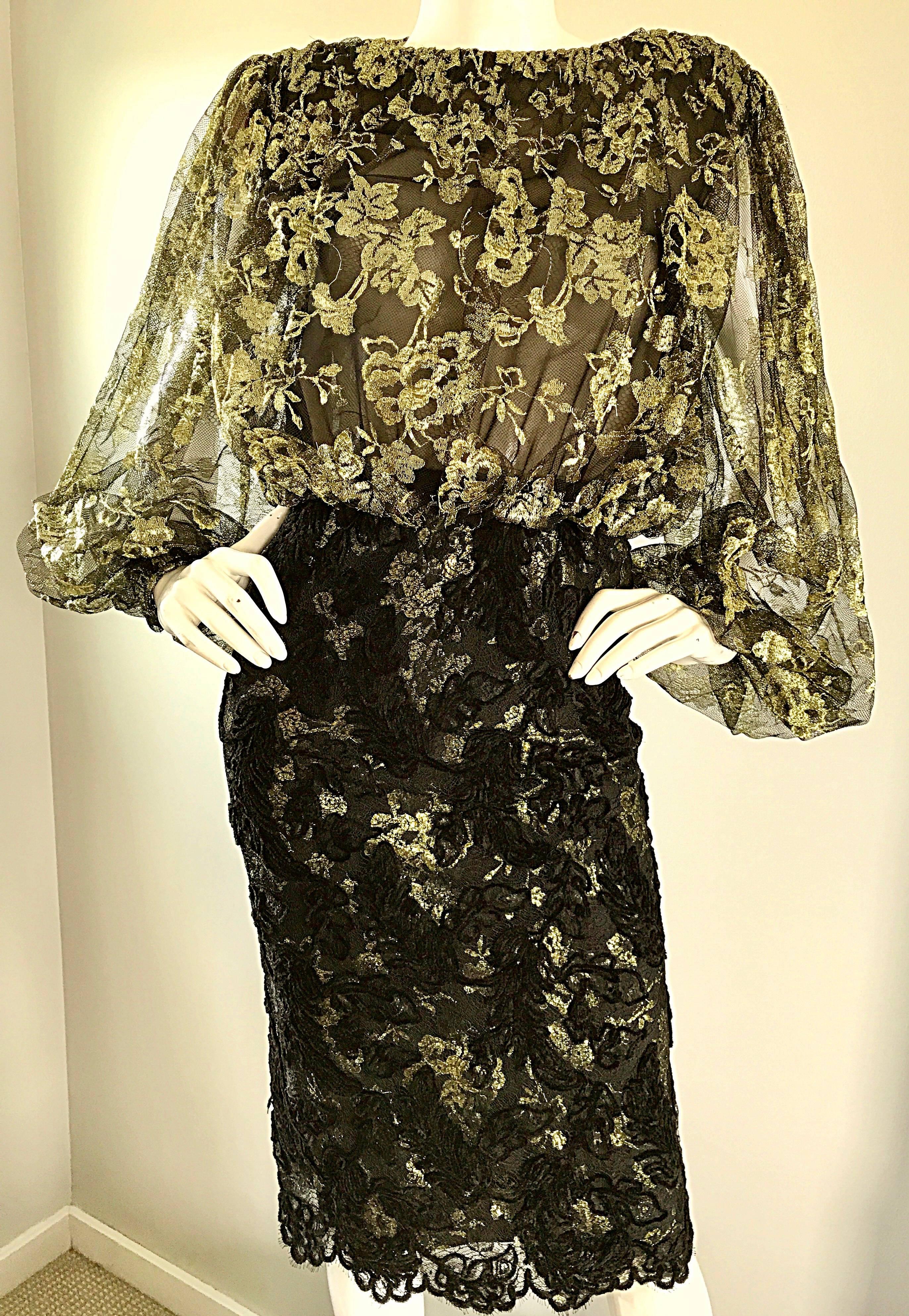 Bill Blass Vintage Gold and Black Size 6 Chantilly Lace Cocktail Dress For Sale 3