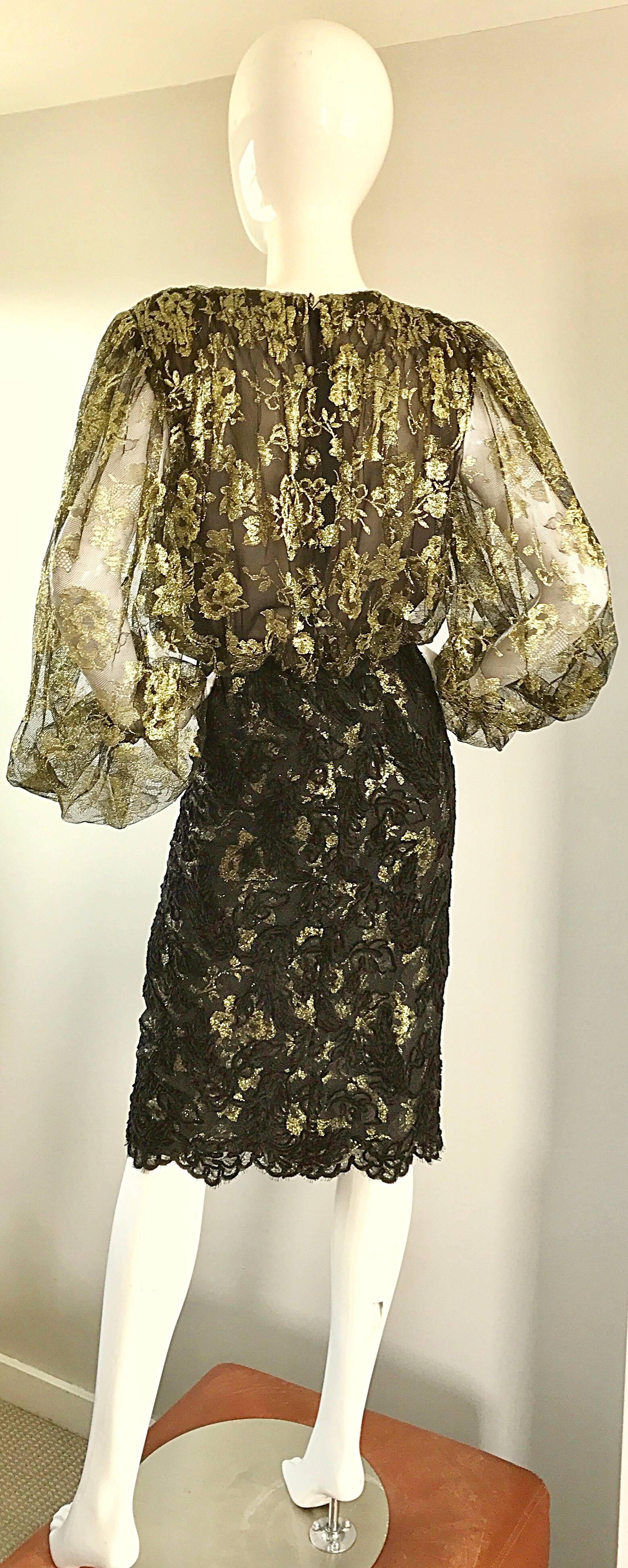 Bill Blass Vintage Gold and Black Size 6 Chantilly Lace Cocktail Dress For Sale 4