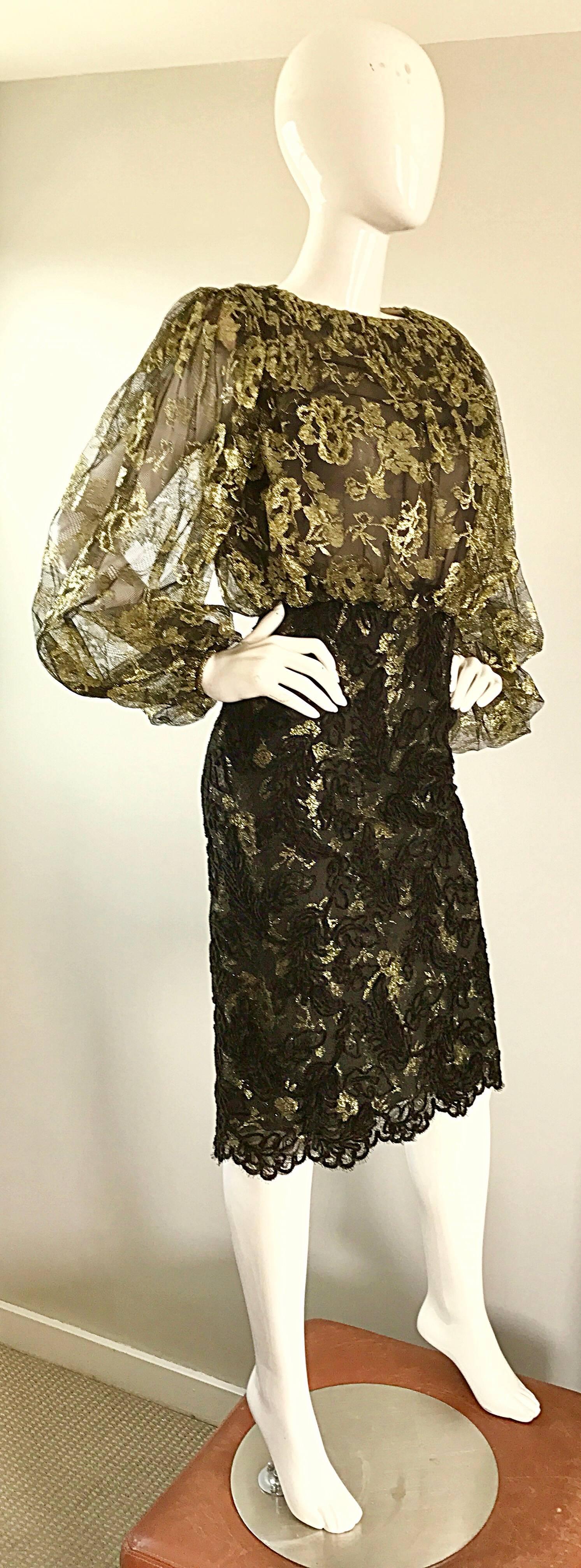 Bill Blass Vintage Gold and Black Size 6 Chantilly Lace Cocktail Dress For Sale 2