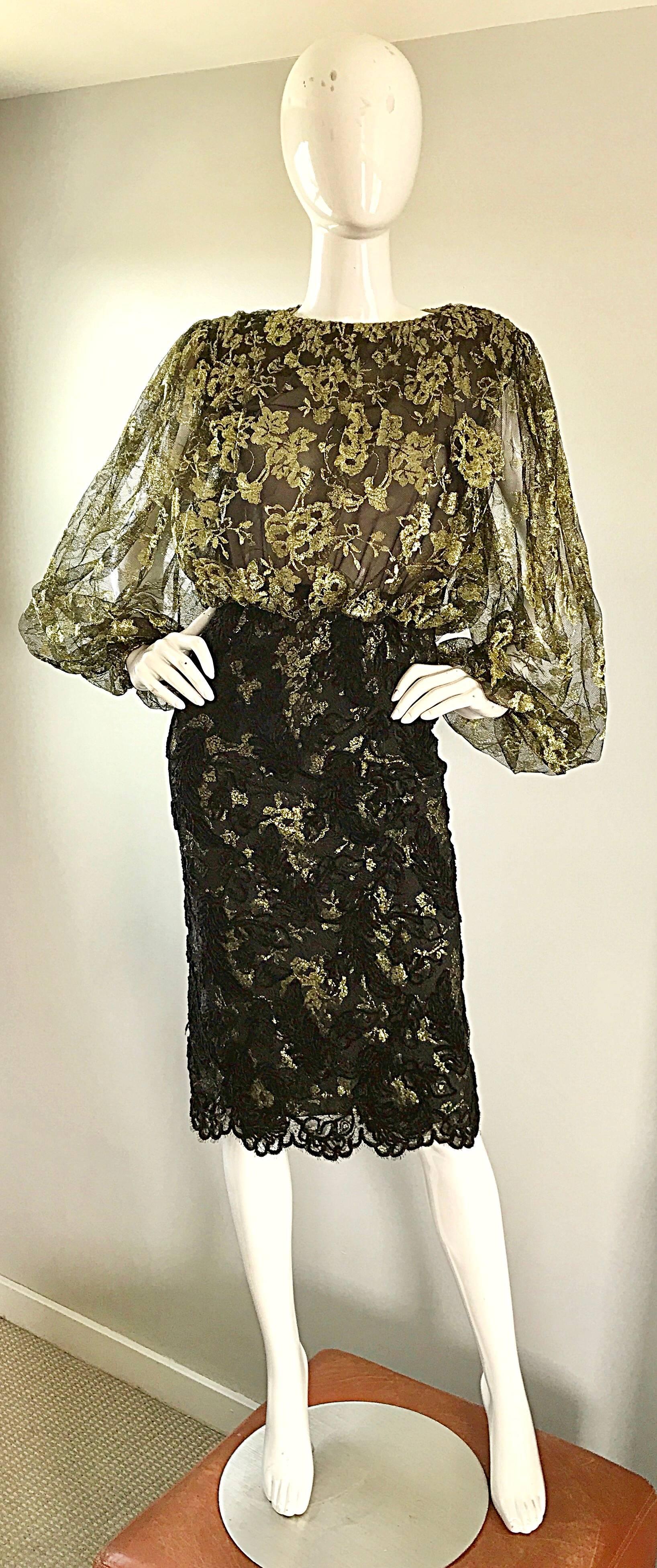 Bill Blass Vintage Gold and Black Size 6 Chantilly Lace Cocktail Dress For Sale 5