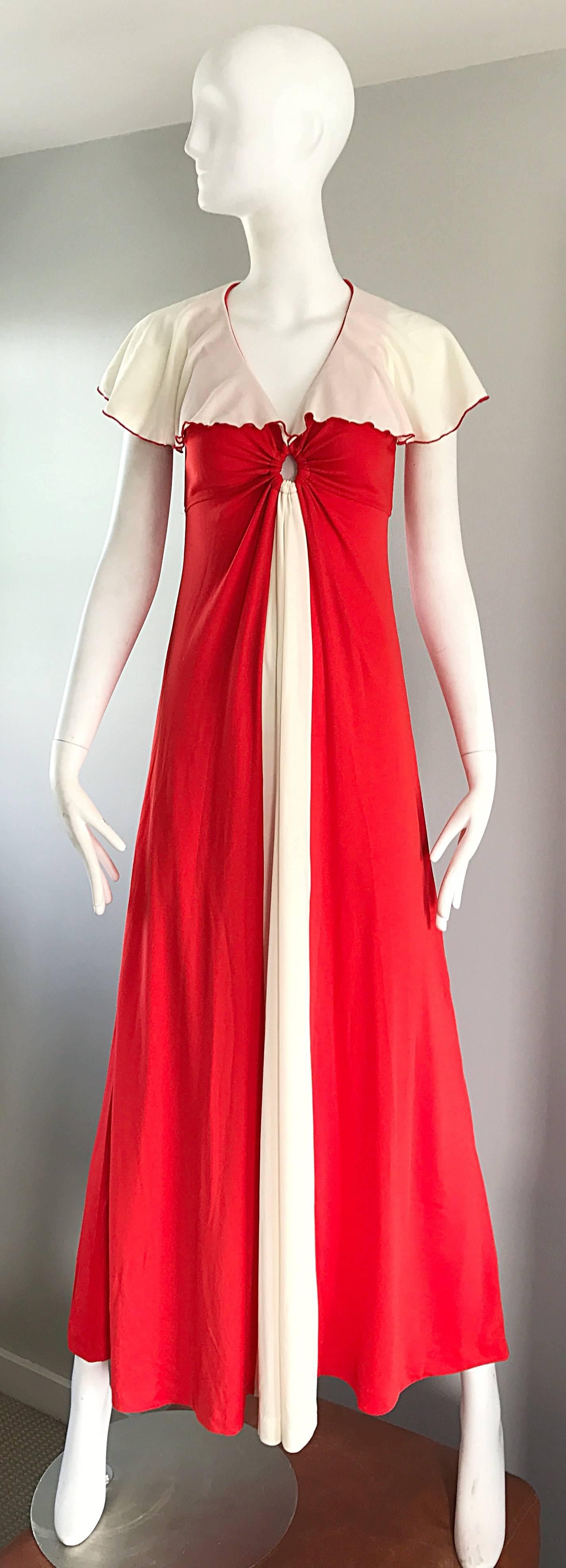 Amazing GIORGIO DI SANT ANGELO 1970s orange and white jersey color block maxi dress! Features a bright orange jersey, with a panel of white down the center, and a white caplet. Keyhole at center bust reveals just the right amount of skin. Hidden