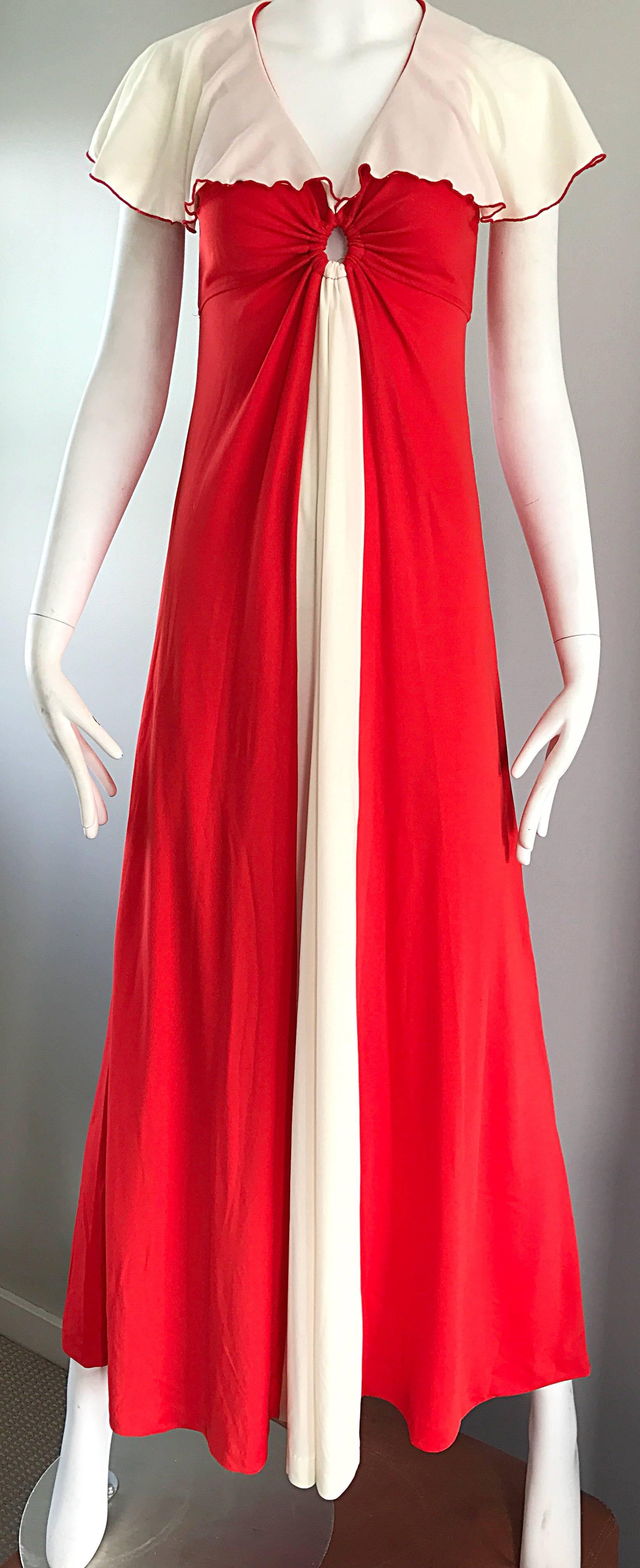 Red Giorgio di Sant Angelo 1970s Orange White Keyhole Vintage 70s Boho Maxi Dress For Sale