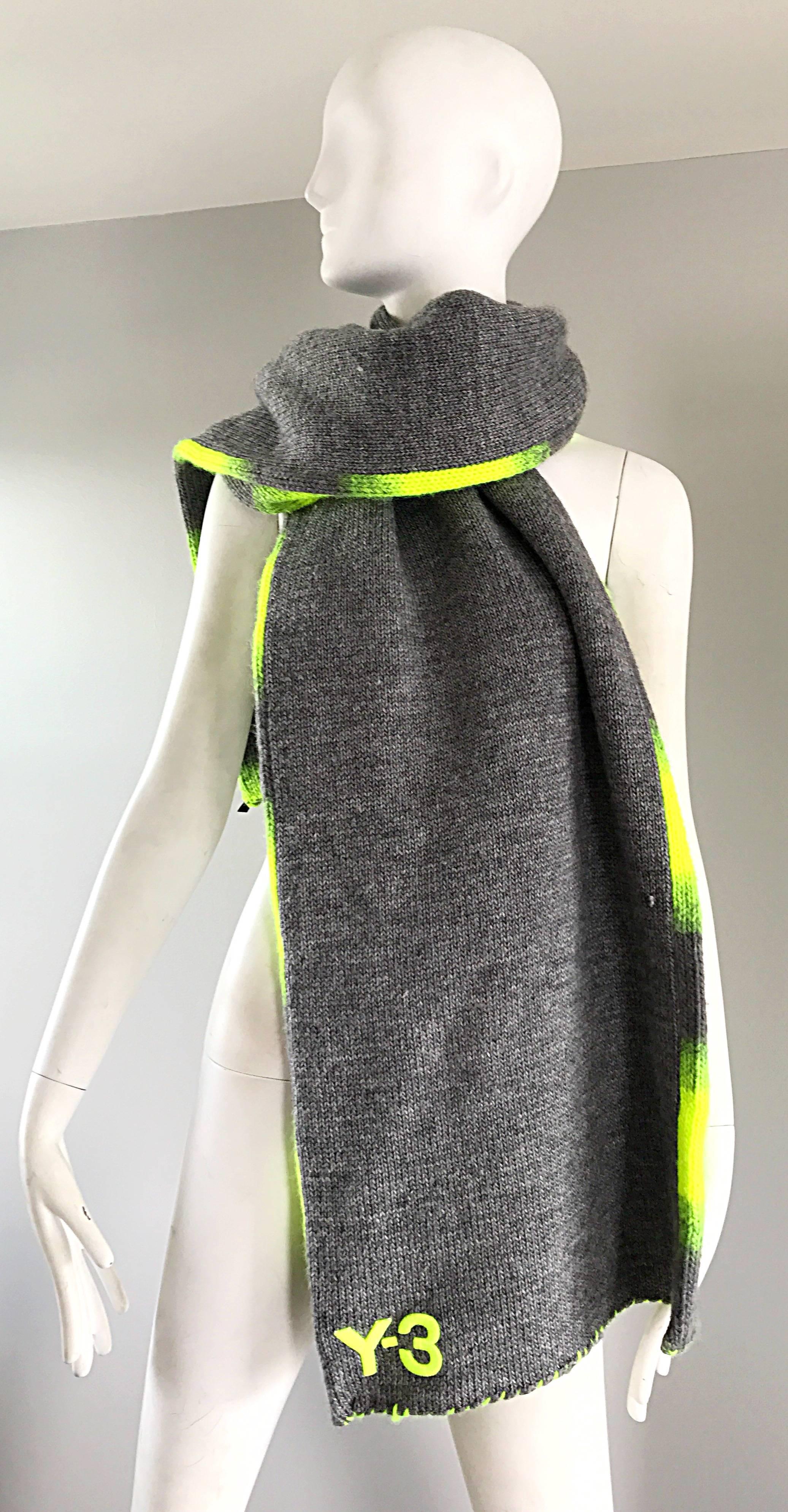Yhjoji Yamamoto Y-3 Unisex Neon Yellow + Grey Oversized Wool Reversible Scarf In Excellent Condition In San Diego, CA