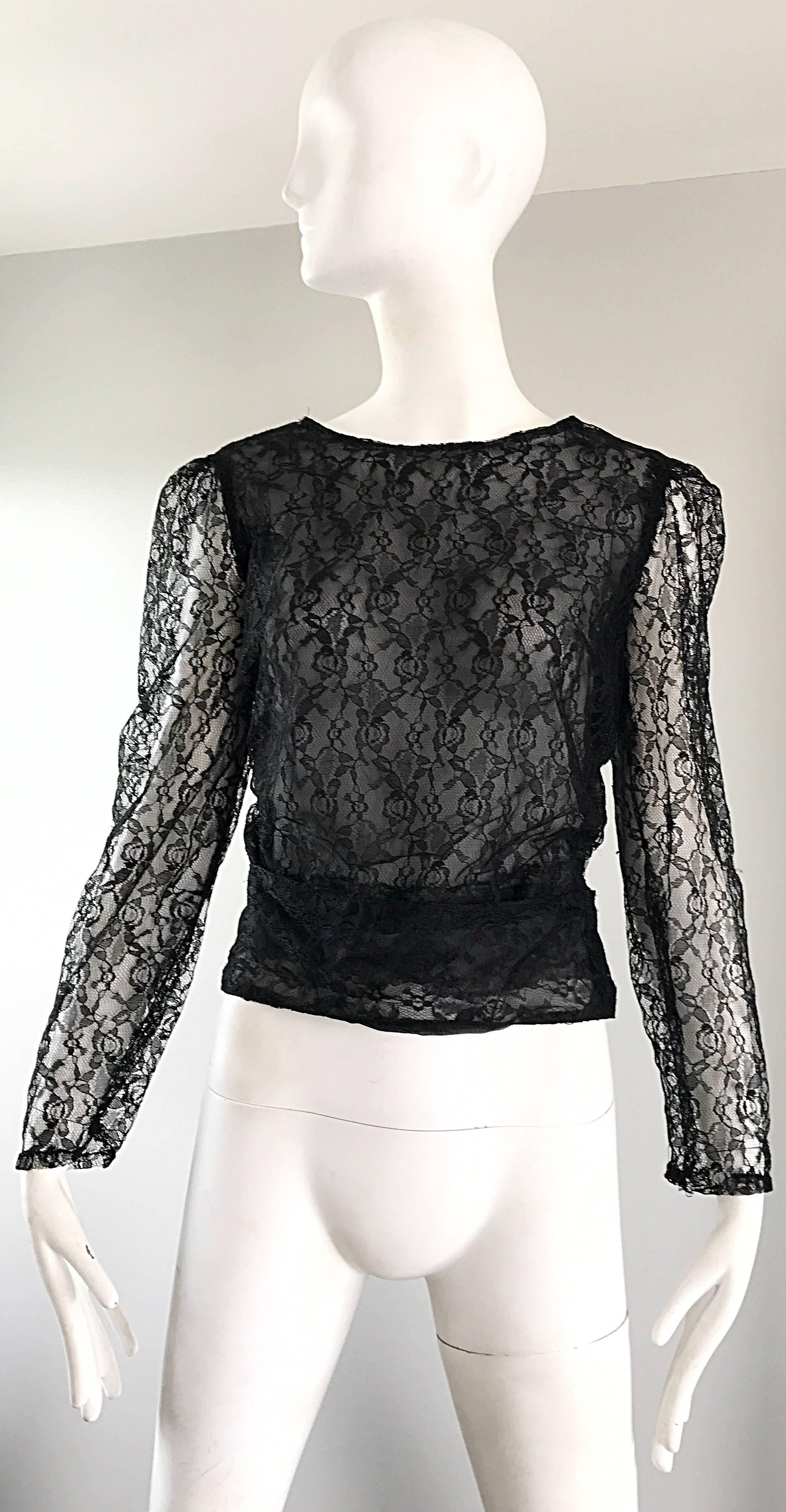 Gorgeous 1990s attributed to CHANEL by KARL LAGERFELD  couture grade black silk chiffon French chantilly lace sheer blouse! Though no designer label remains (priced accordingly), original owner swears up and down that this rare gem is Chanel...She