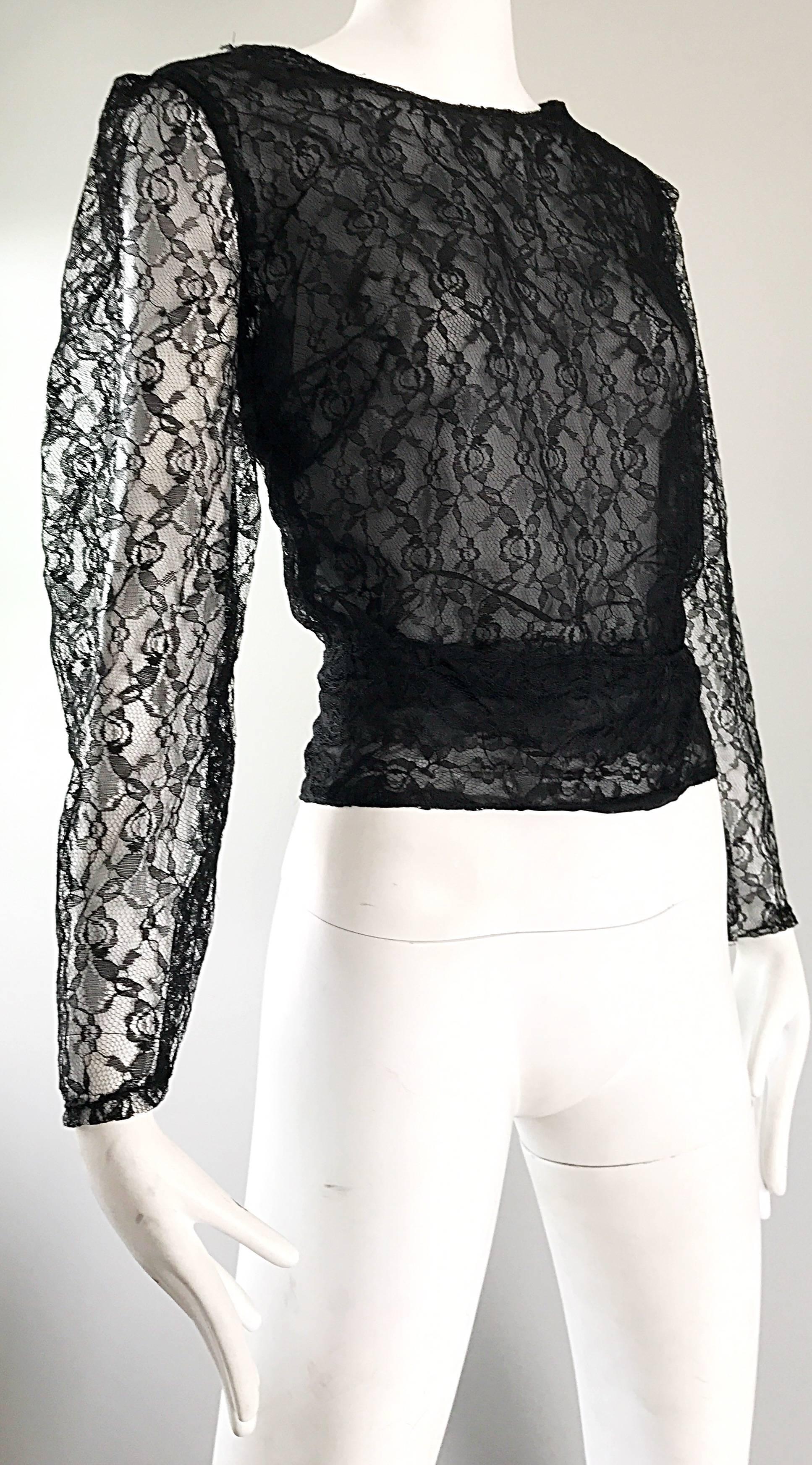 Arrtributed Vintage Chanel Couture Black Silk Chiffon Lace Sheer 90s Blouse Top In Excellent Condition In San Diego, CA