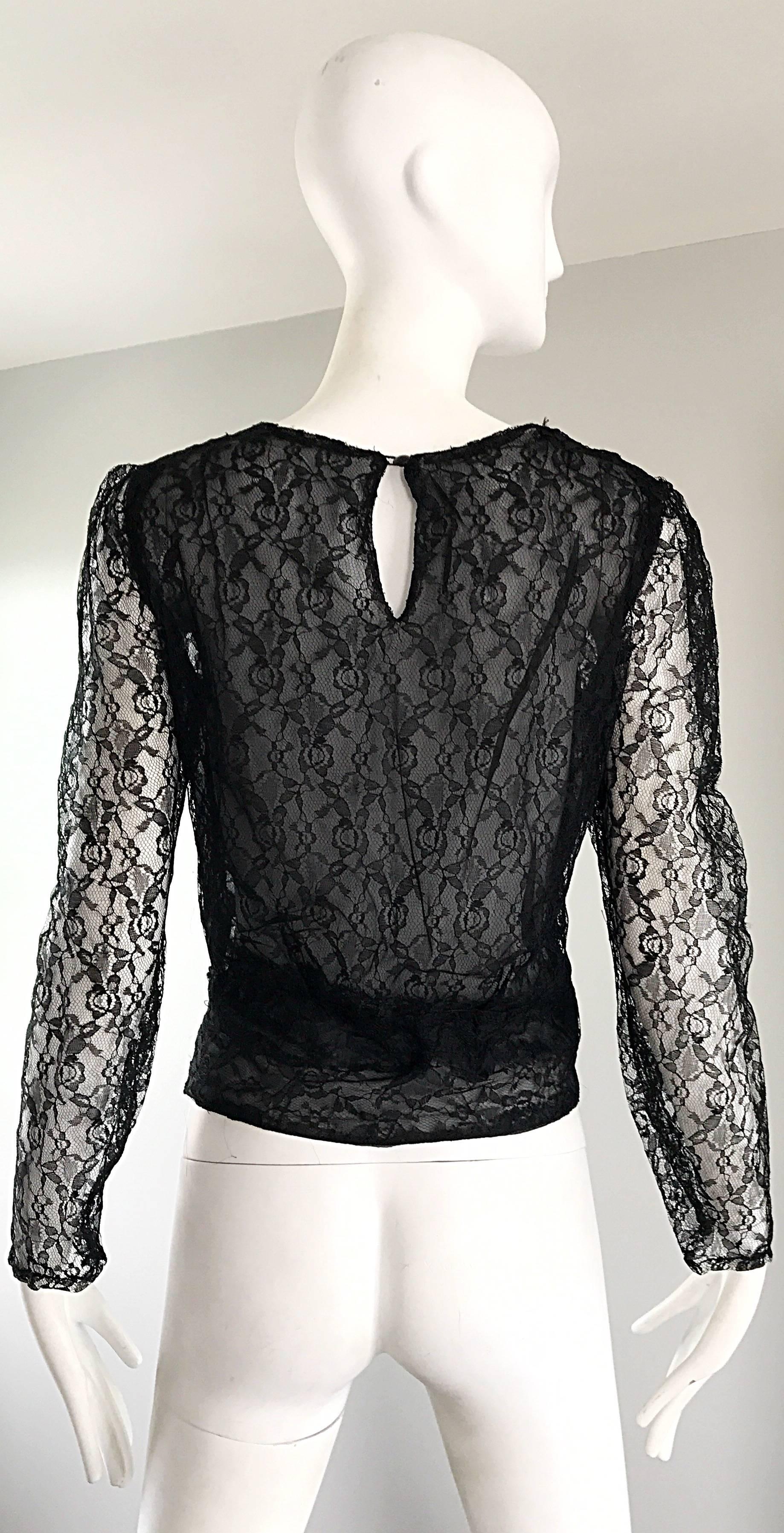 Women's Arrtributed Vintage Chanel Couture Black Silk Chiffon Lace Sheer 90s Blouse Top