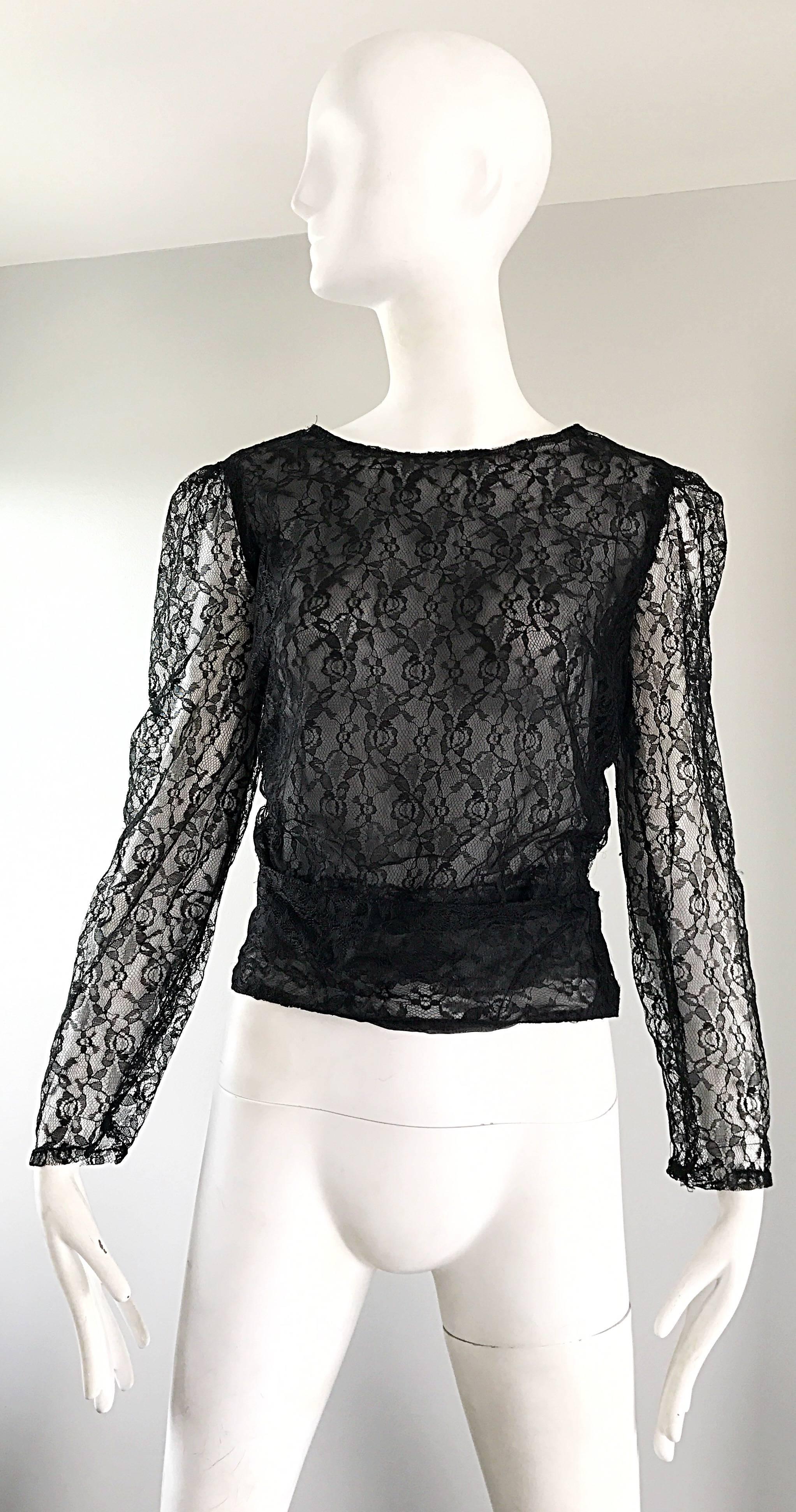Arrtributed Vintage Chanel Couture Black Silk Chiffon Lace Sheer 90s Blouse Top 1