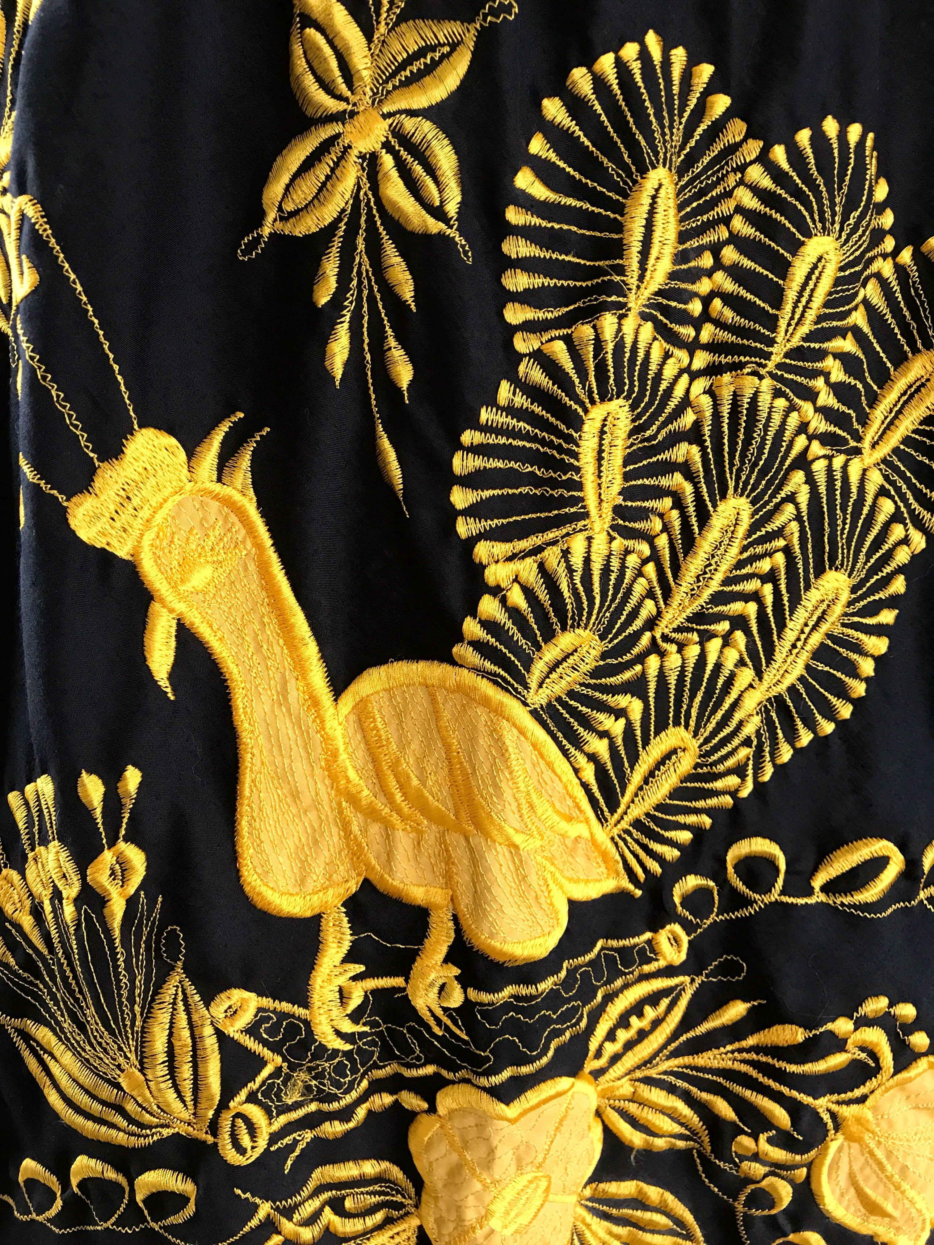 1970s Black and Yellow Handkerchief Scarf Hem Mexican Embrodiered Caftan Dress In Excellent Condition In San Diego, CA