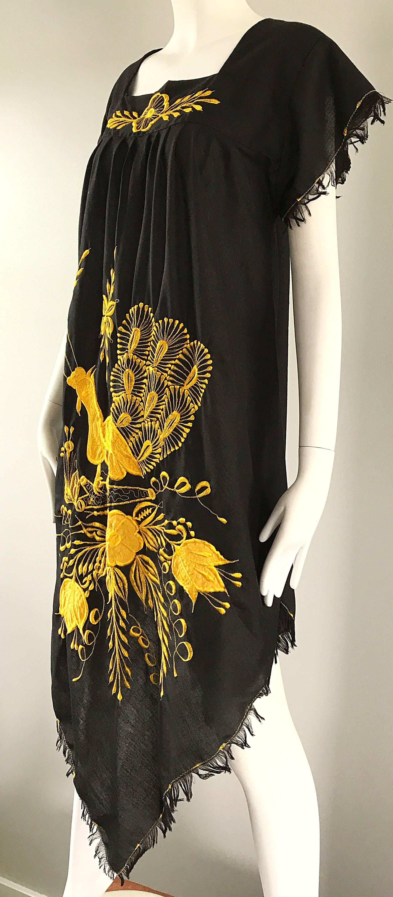 Women's 1970s Black and Yellow Handkerchief Scarf Hem Mexican Embrodiered Caftan Dress