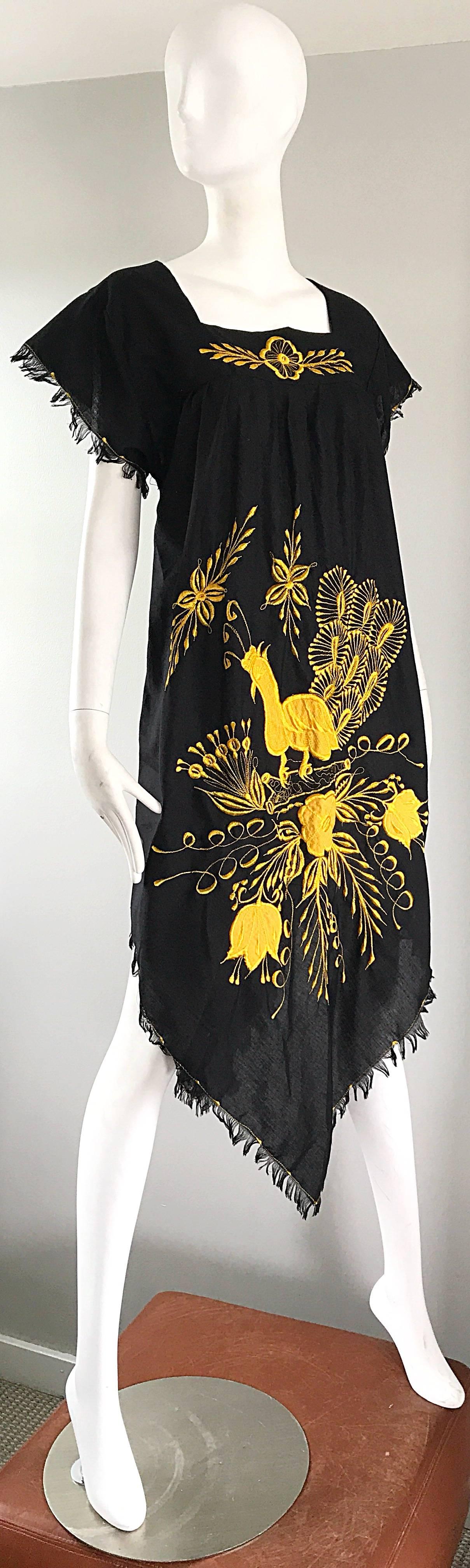 1970s Black and Yellow Handkerchief Scarf Hem Mexican Embrodiered Caftan Dress 2