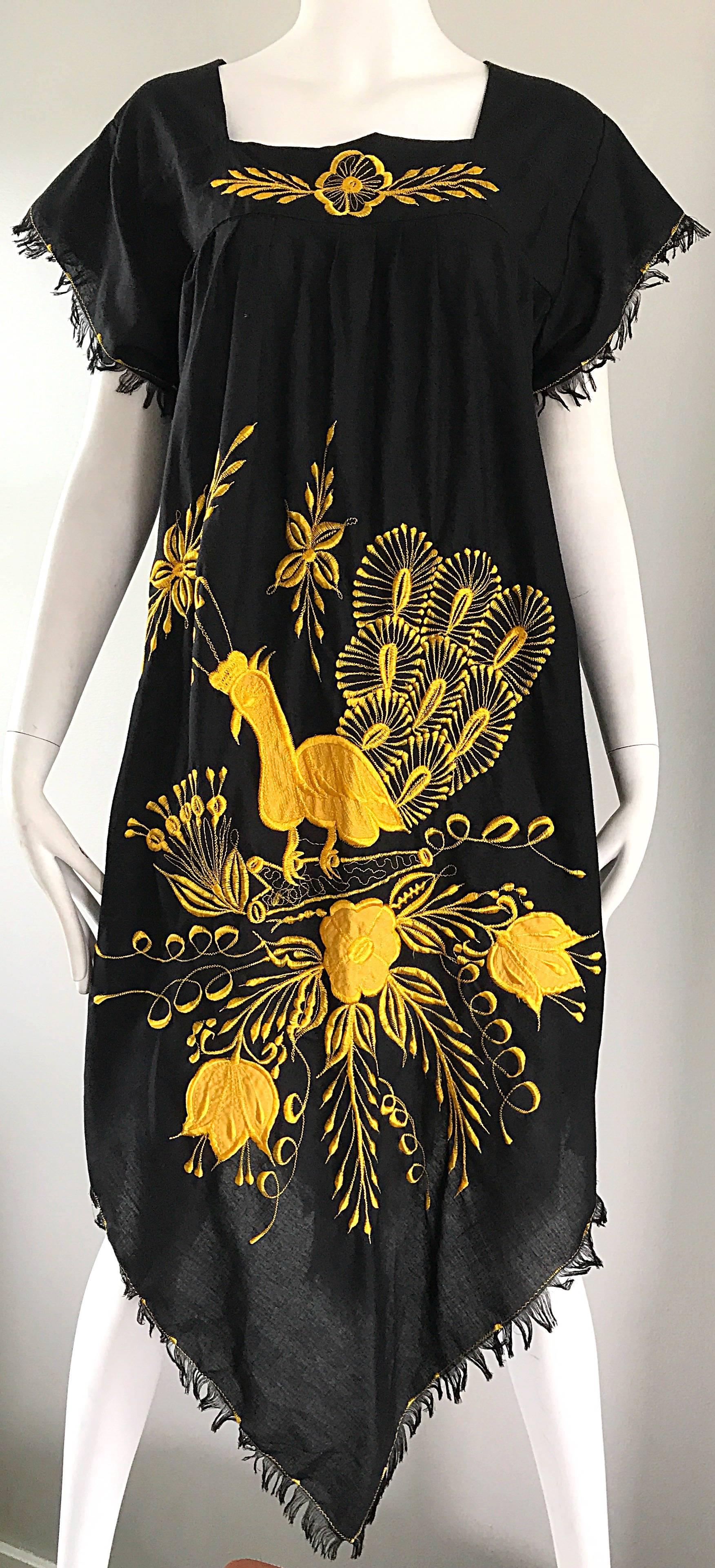 1970s Black and Yellow Handkerchief Scarf Hem Mexican Embrodiered Caftan Dress 4