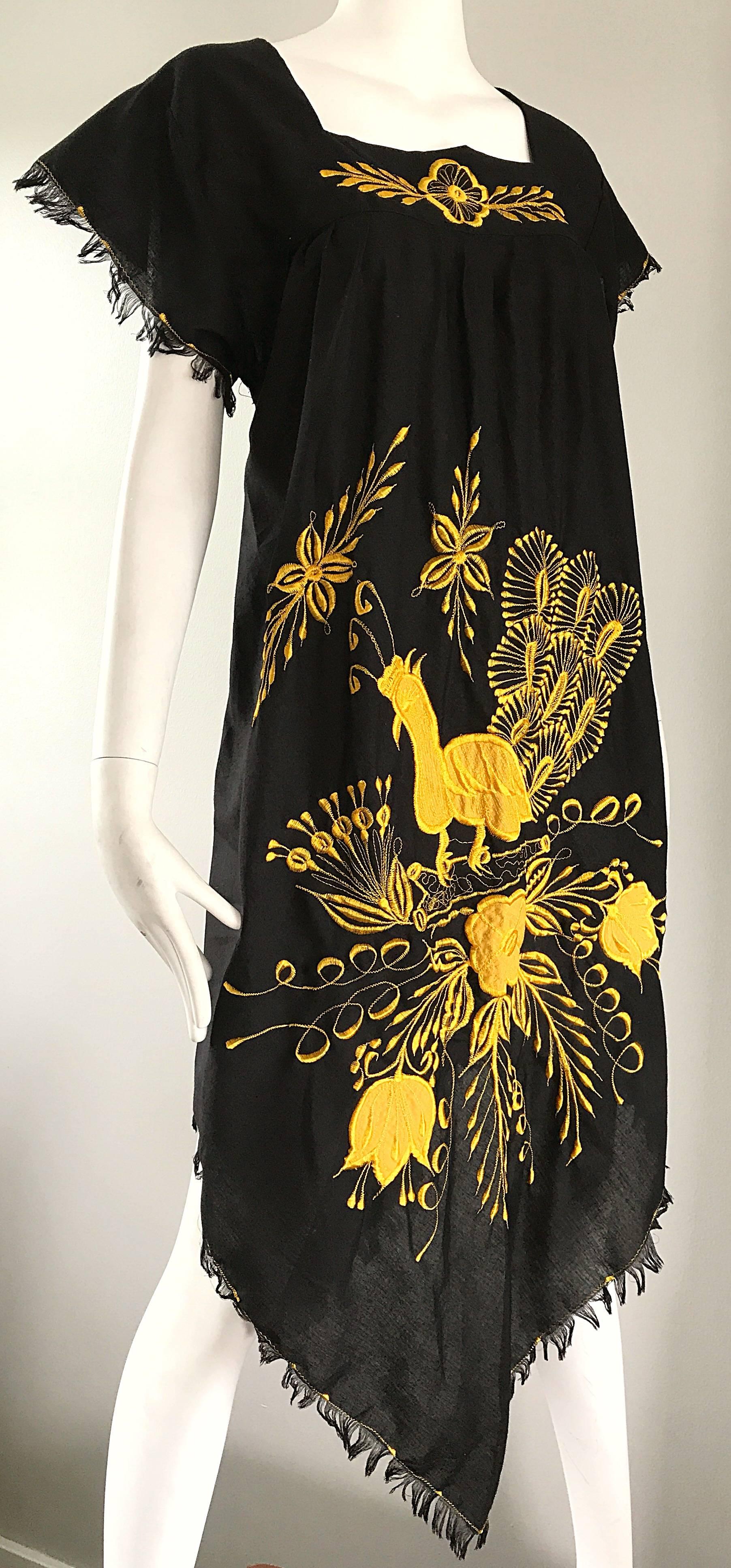 1970s Black and Yellow Handkerchief Scarf Hem Mexican Embrodiered Caftan Dress 5