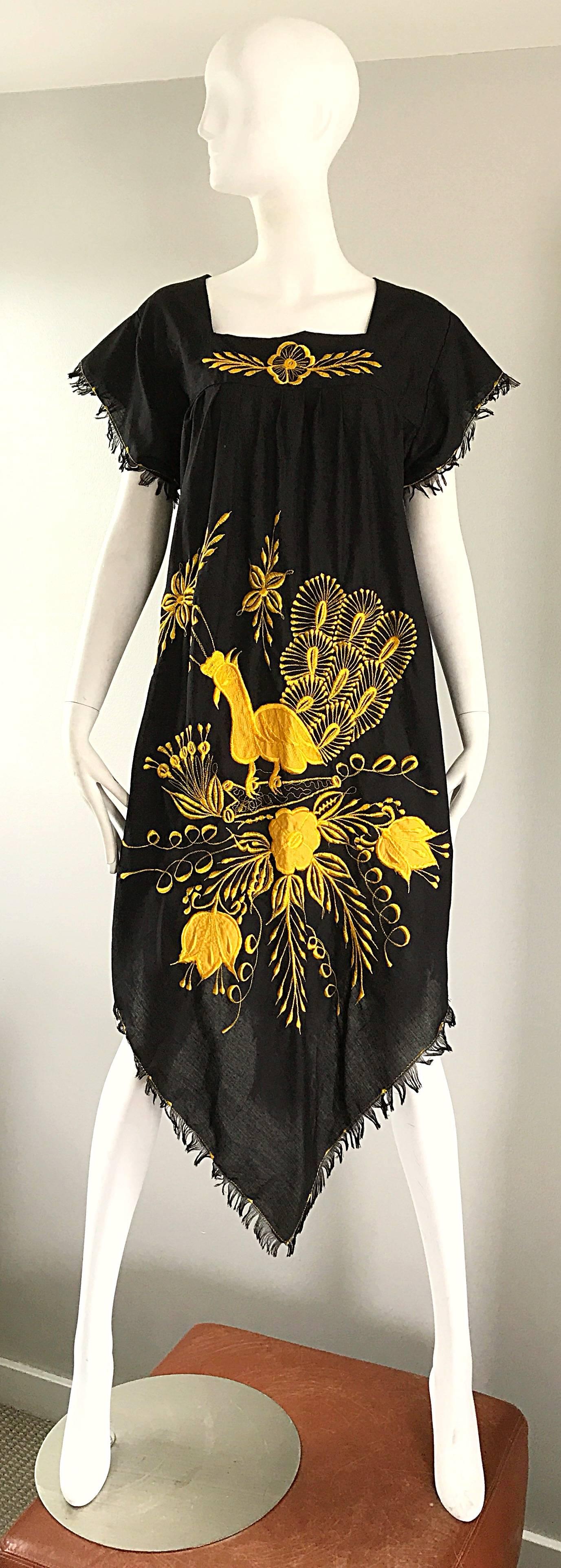 1970s Black and Yellow Handkerchief Scarf Hem Mexican Embrodiered Caftan Dress 6