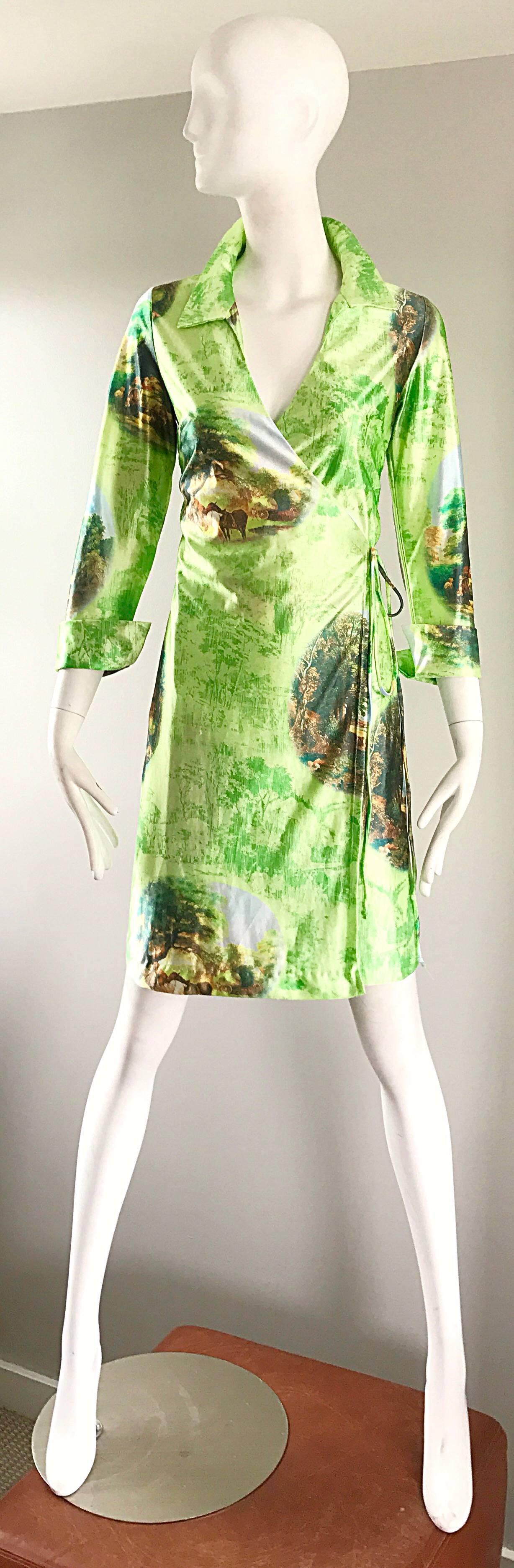 Fabulous 90s does 70s Neon green novelty print FABULOID wrap shirt dress! Features a photo reel print, with an equestrian horse theme. Sleeves can be flipped up, or left down. Chic wrap style loops through the inside, and ties at the left waist.