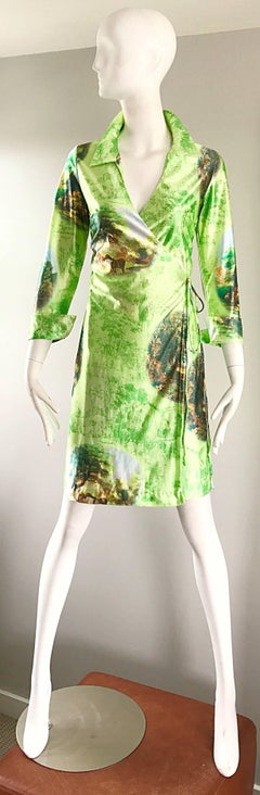 Fabulous 1990s Does 1970s Neon Green Novelty Horse Print Vintage 90s Wrap Dress